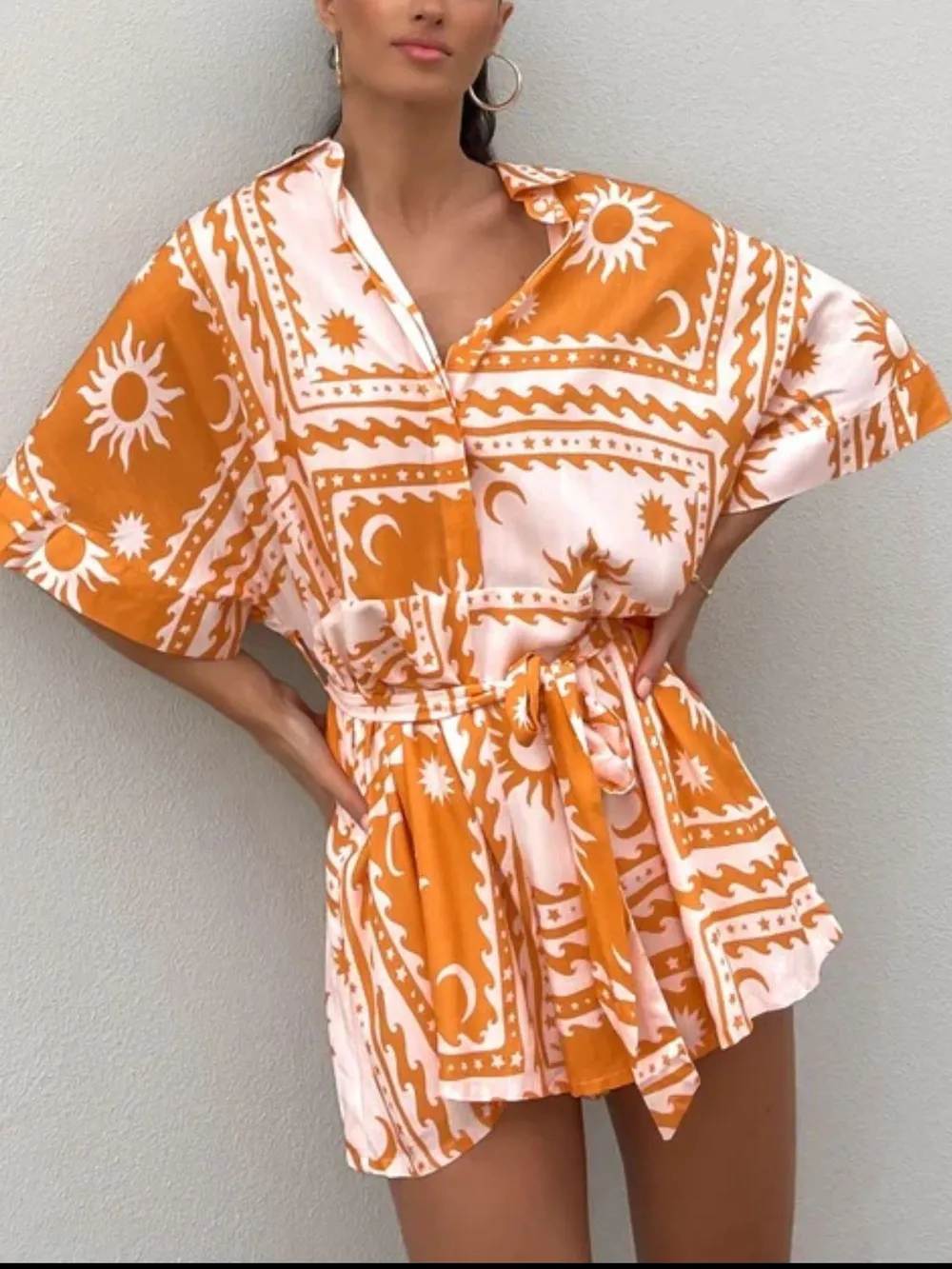 Printed Tie Waist Half Sleeve Romper, image 15