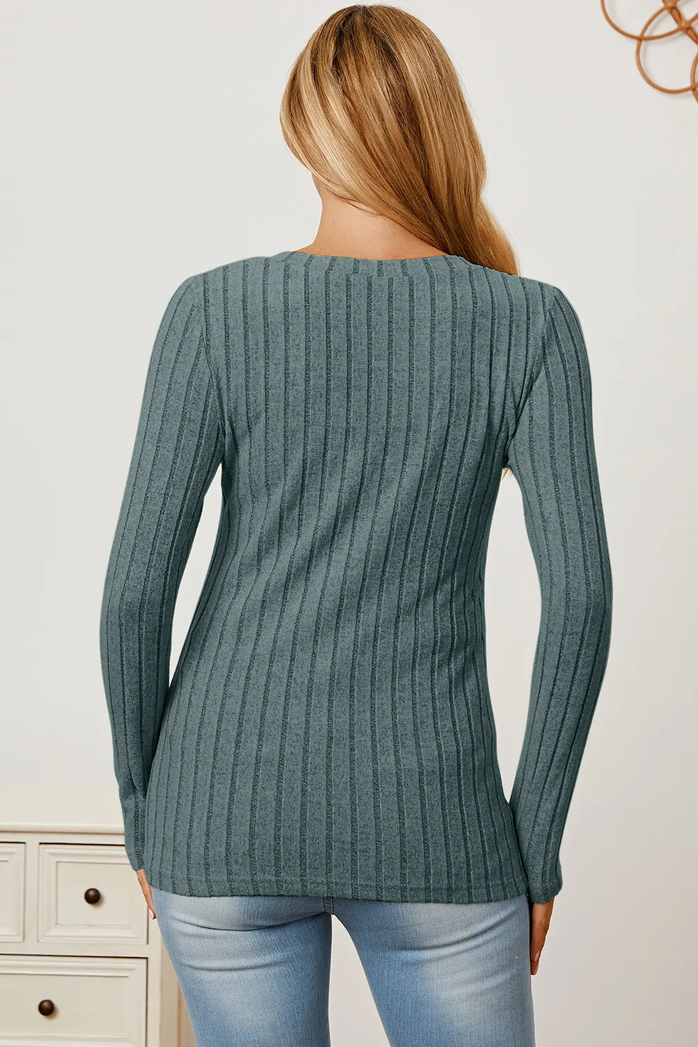 Full Size Ribbed V-Neck Long Sleeve T-Shirt, image 18