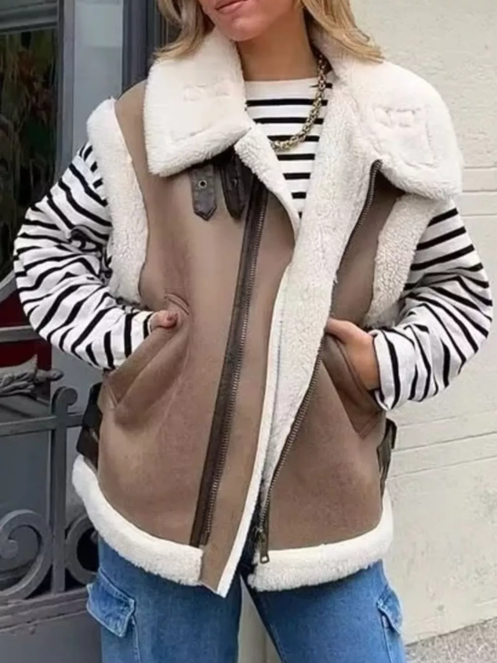Cozy Faux Shearling Trim Vest Coat