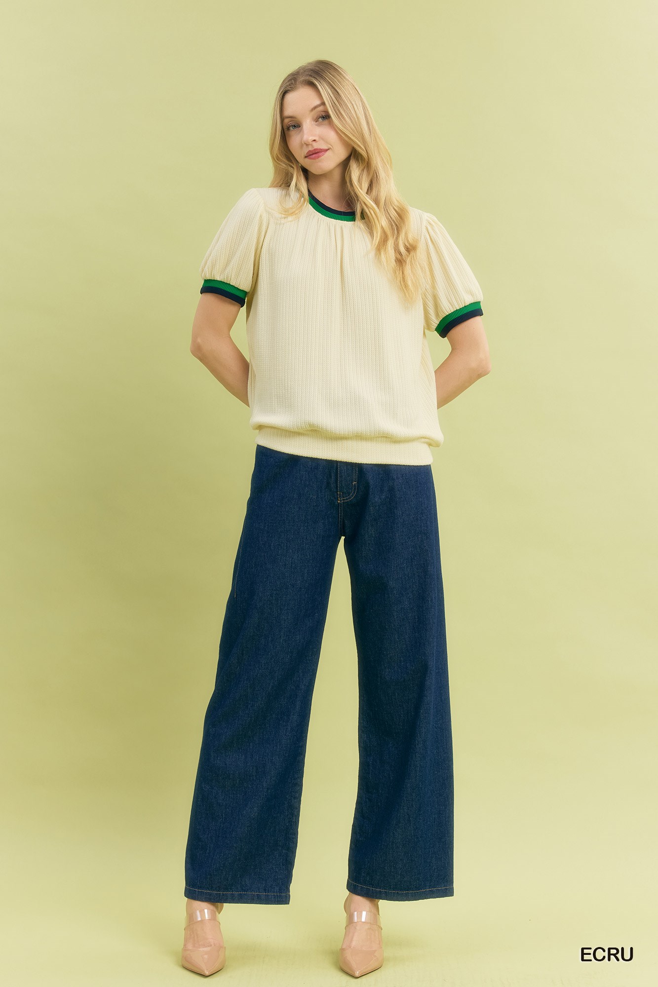 Puff Sleeve Knit Top with Contrast Rib Trim, image 3