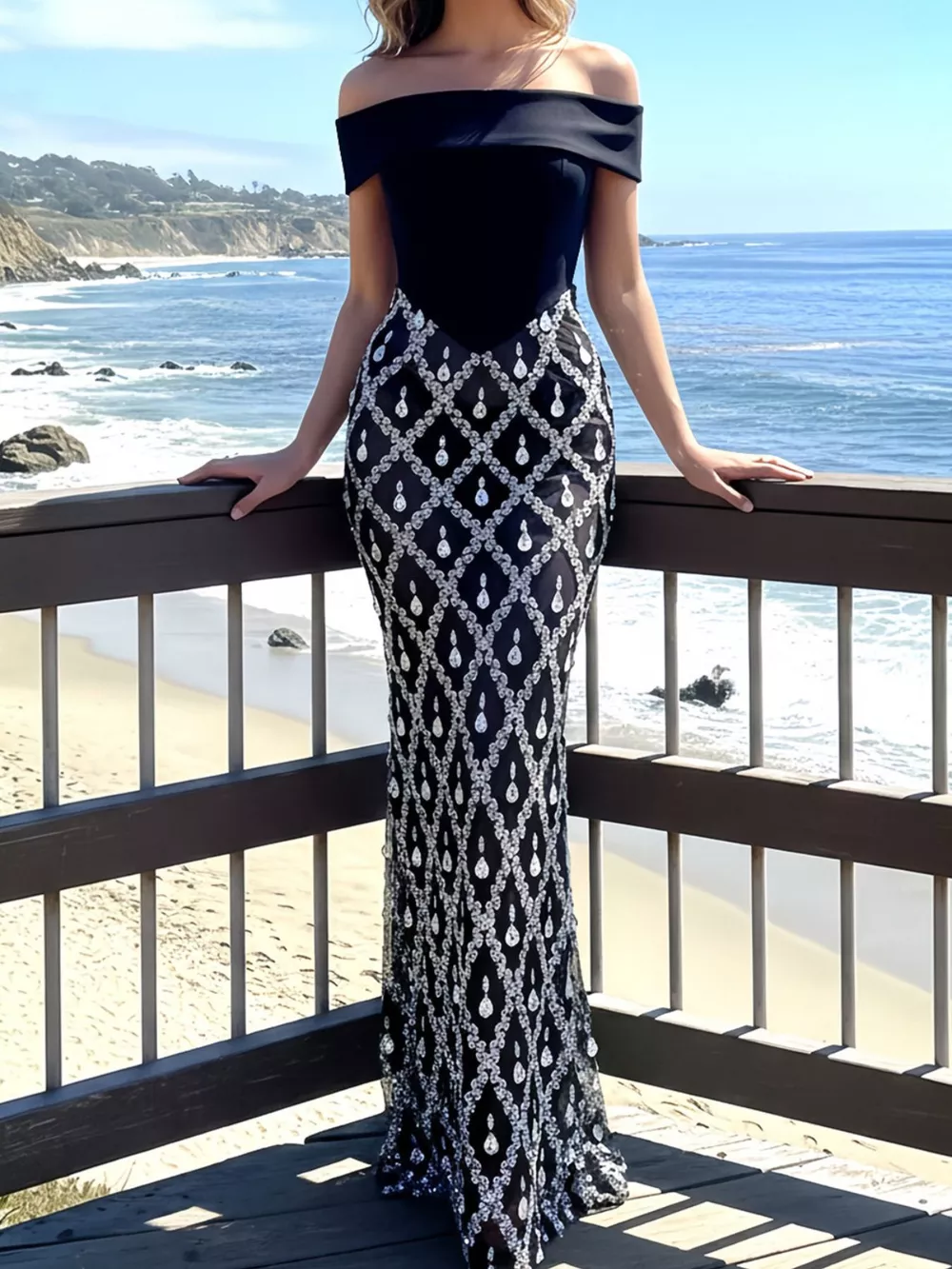 Off-Shoulder Sheer Rhinestone Embellished Maxi Dress, image 4