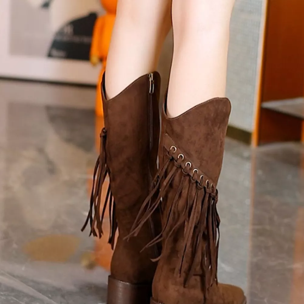 Fringed Point Toe Block Heel Boots, image 6