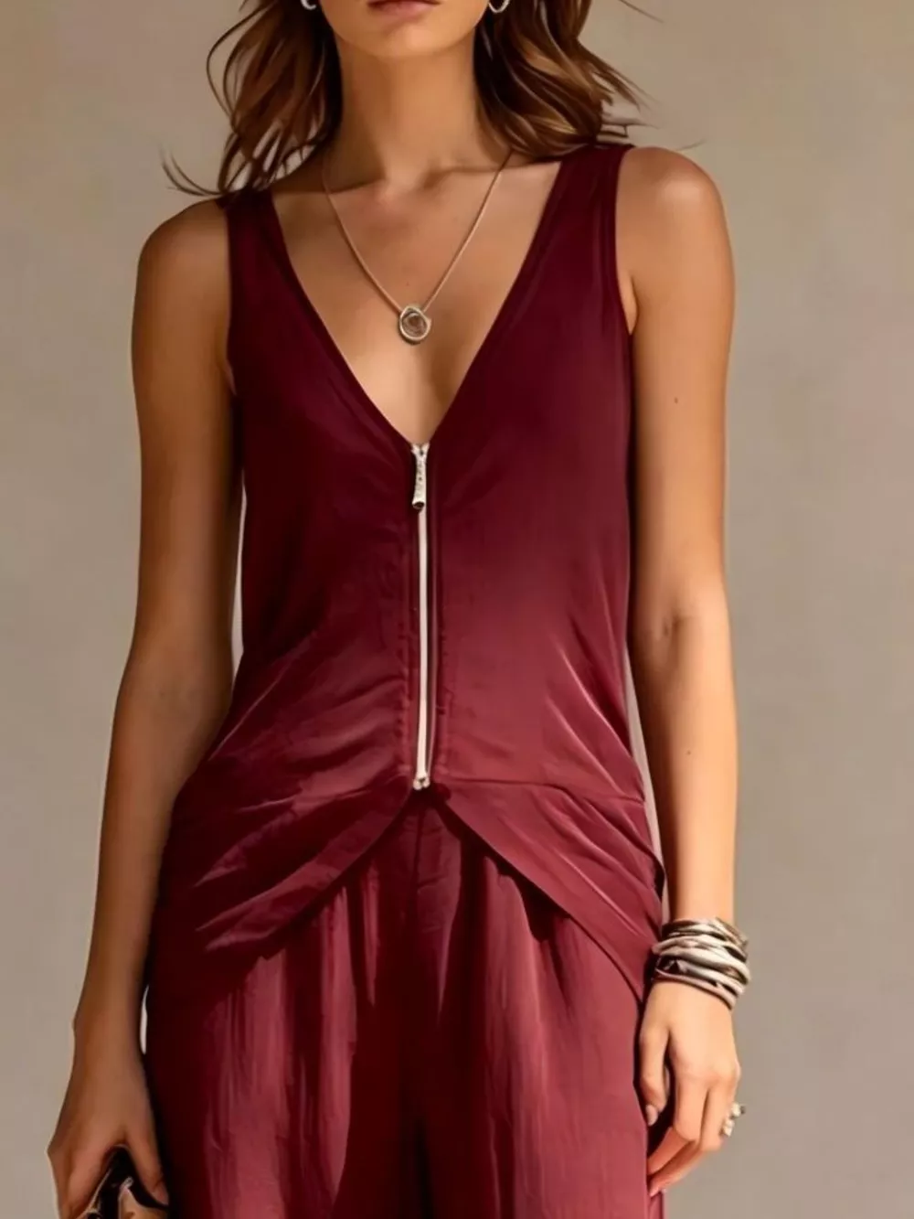 Full Size Zipper Front Tank and Wide-Leg Pants Set Plus Size, image 6