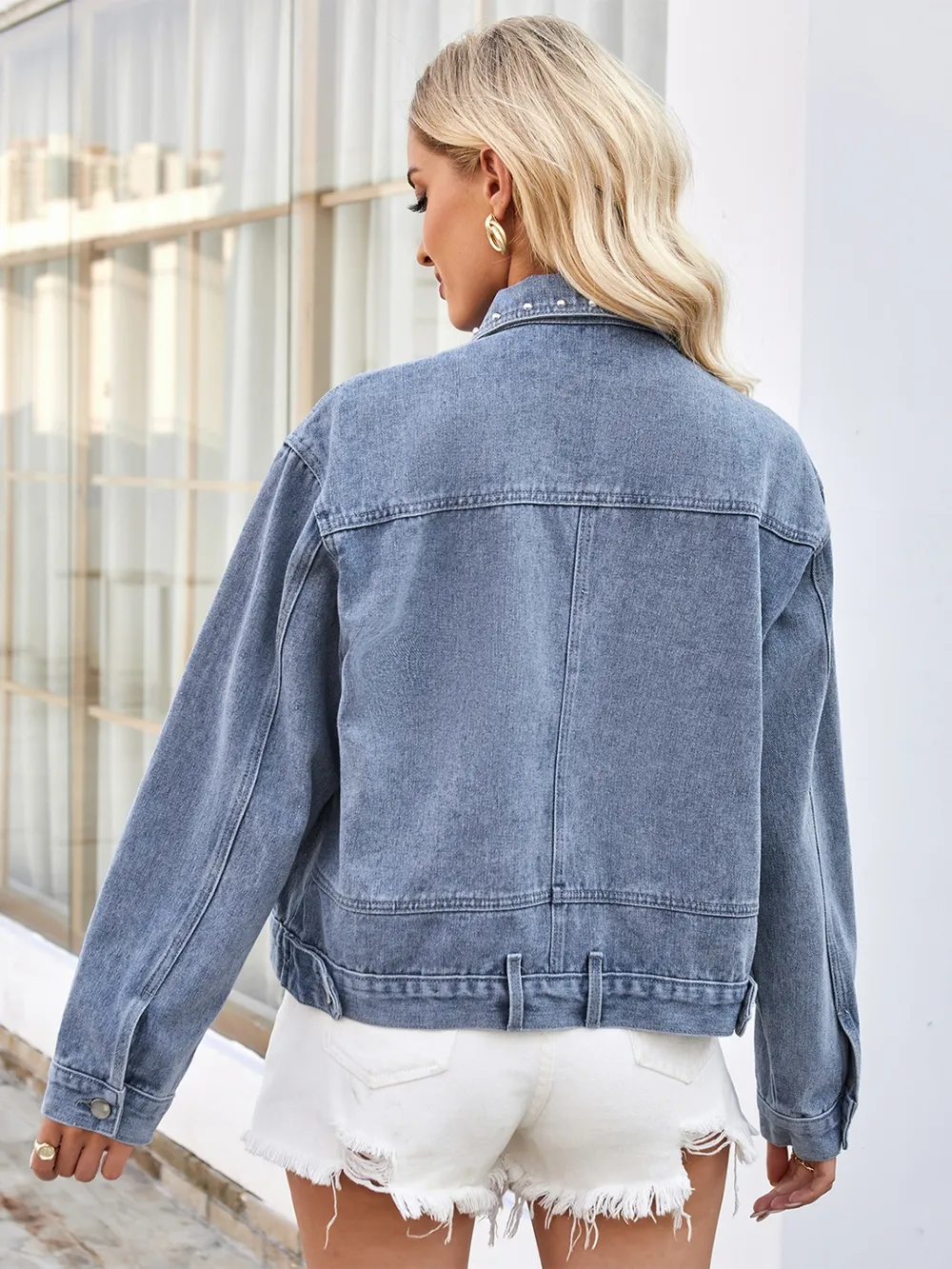 Studded Long Sleeve Denim Jacket, image 2