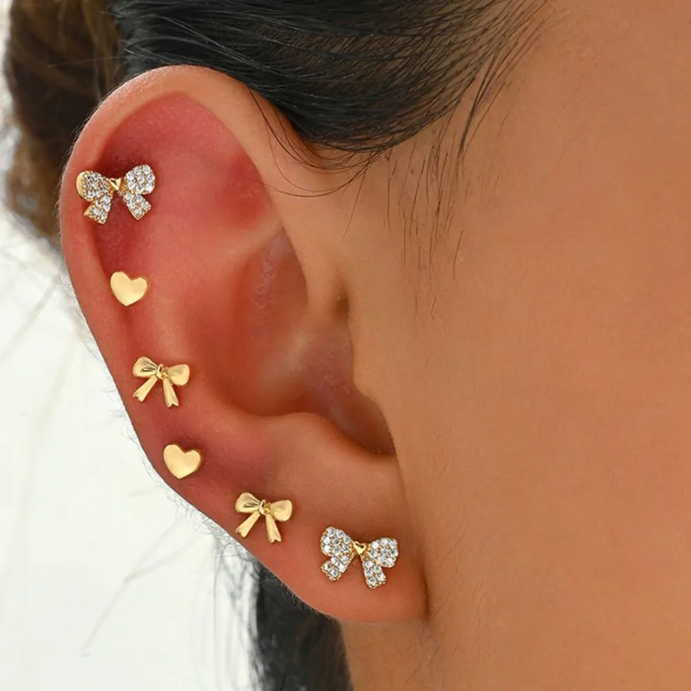 6 Piece Bow Heart Stud Earrings Set, image 2