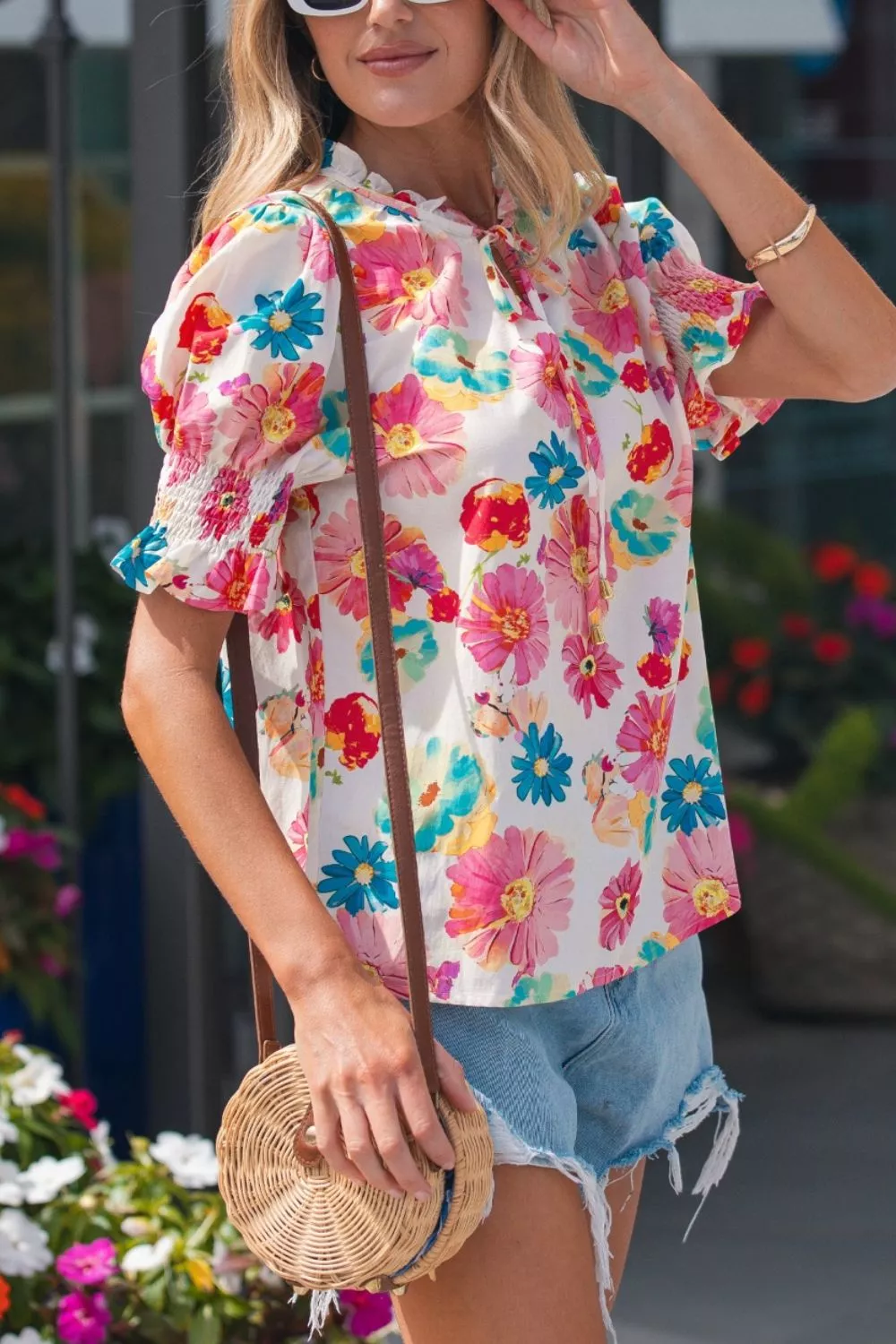 Floral Print Ruched Short Sleeve Blouse, image 4