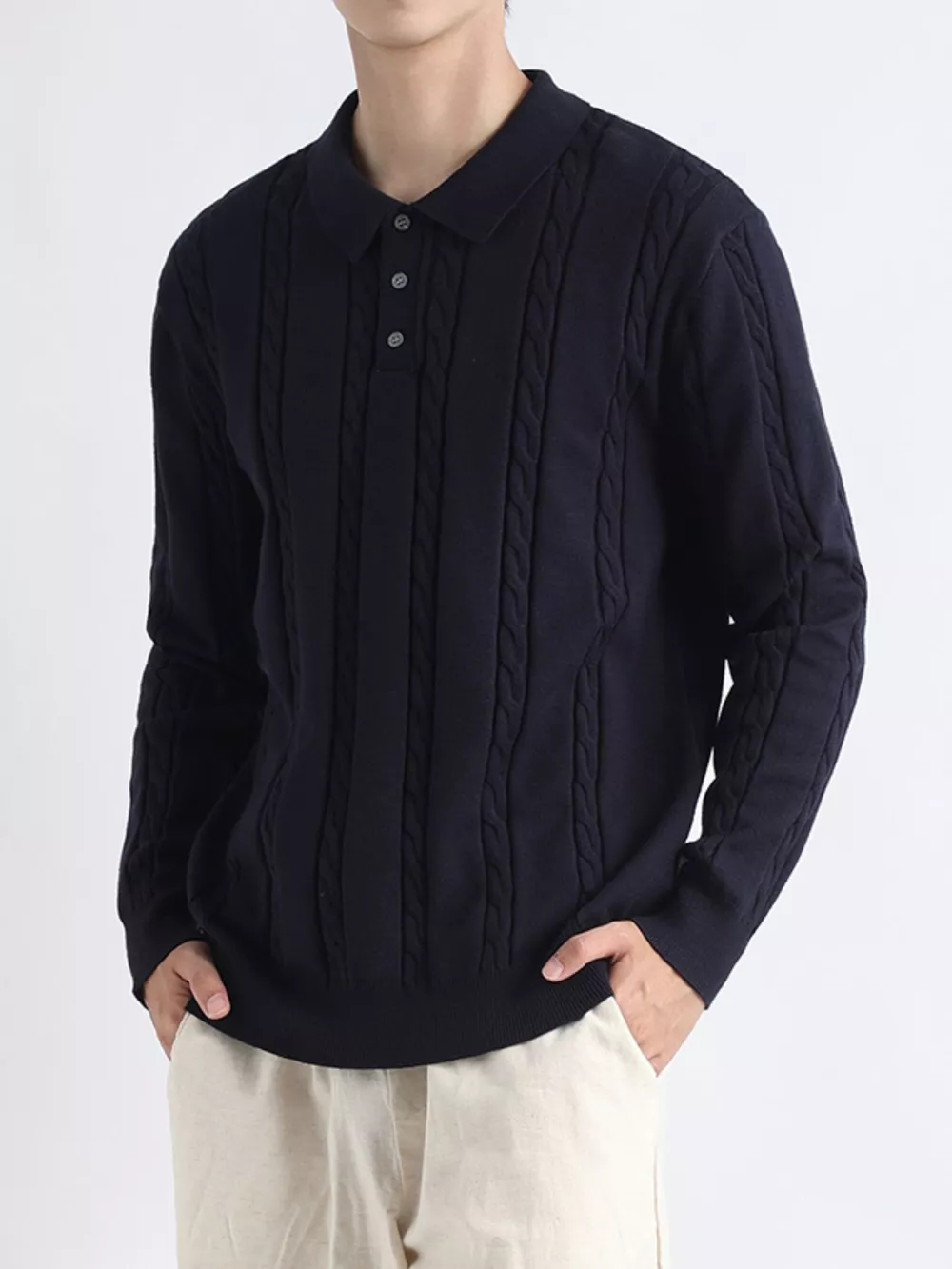 Men's Plus Size Cable-Knit Polo Collar Sweater, image 9