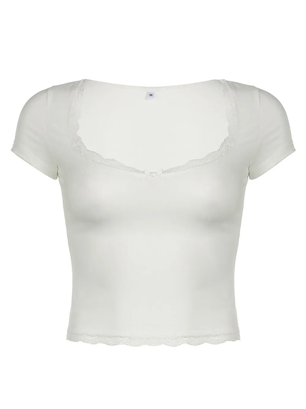 Lace Detail Sweetheart Neck Short Sleeve T-Shirt, image 3