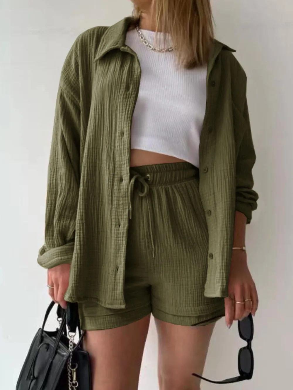 Textured Button Up Shirt and Shorts Set, image 12