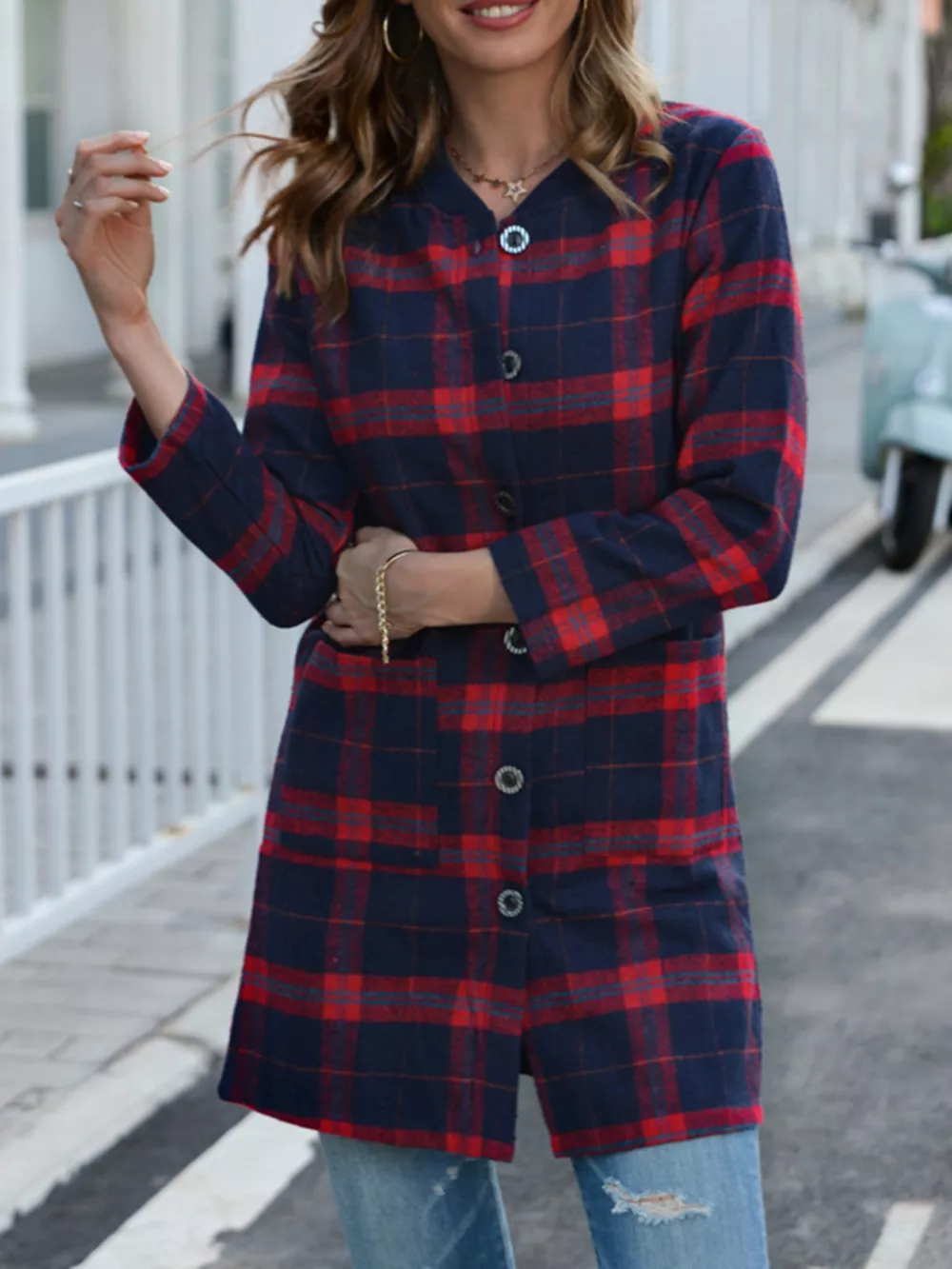 Plus Size Plaid Button-Down Longline Shirt, image 5