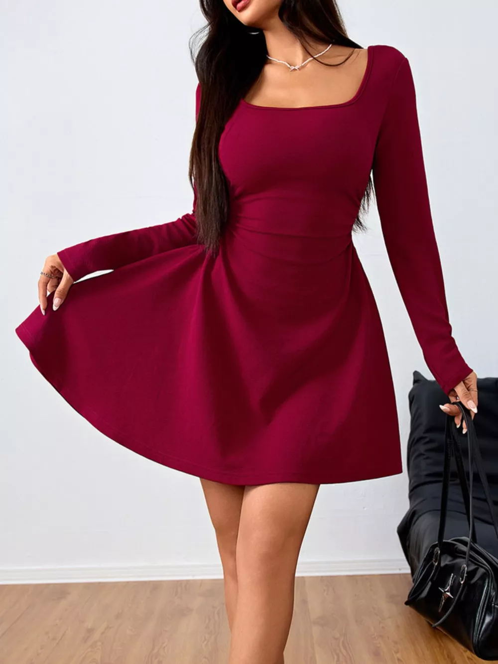 Square Neck Long Sleeve Ruched Waist Mini Dress, image 4