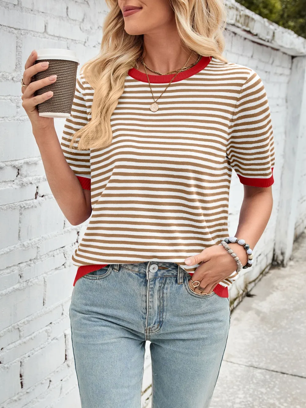 Striped Contrast Round Neck Half Sleeve Knit Top, image 24
