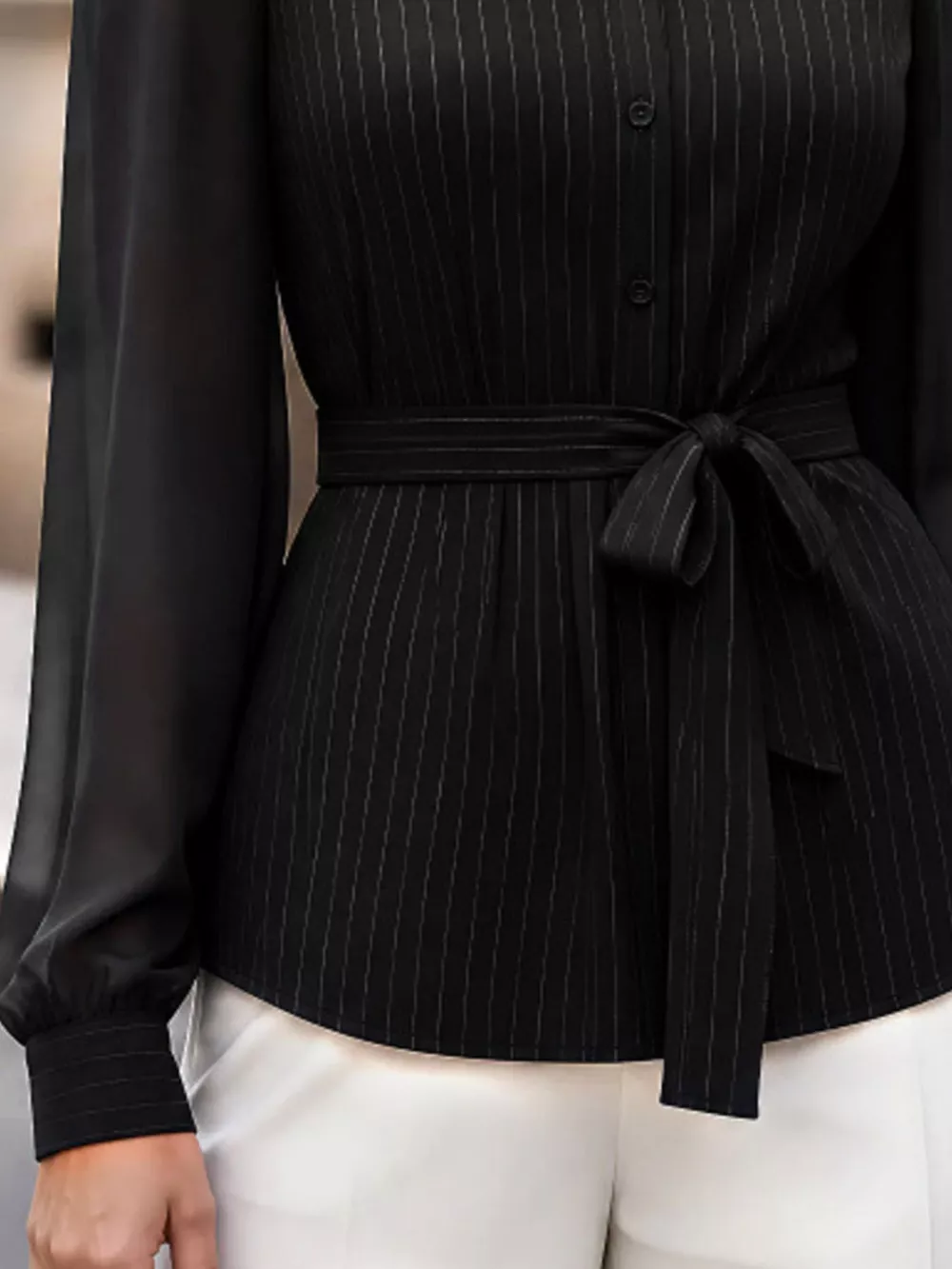 Striped Tie Waist Long Sleeve Shirt, image 6
