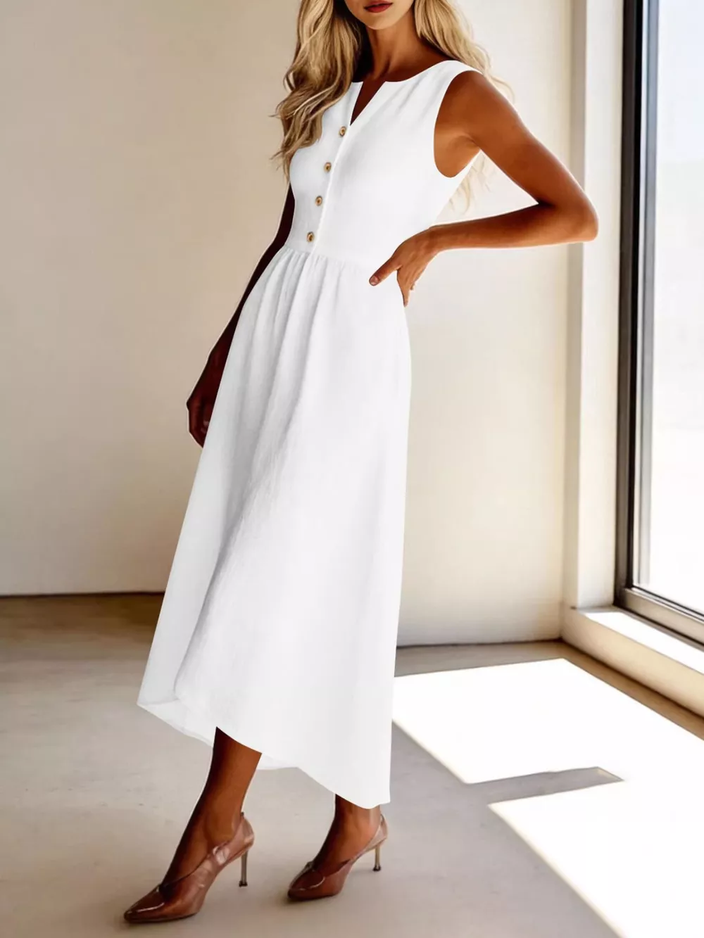 Sleeveless Button Front Flowy Midi Dress, image 5