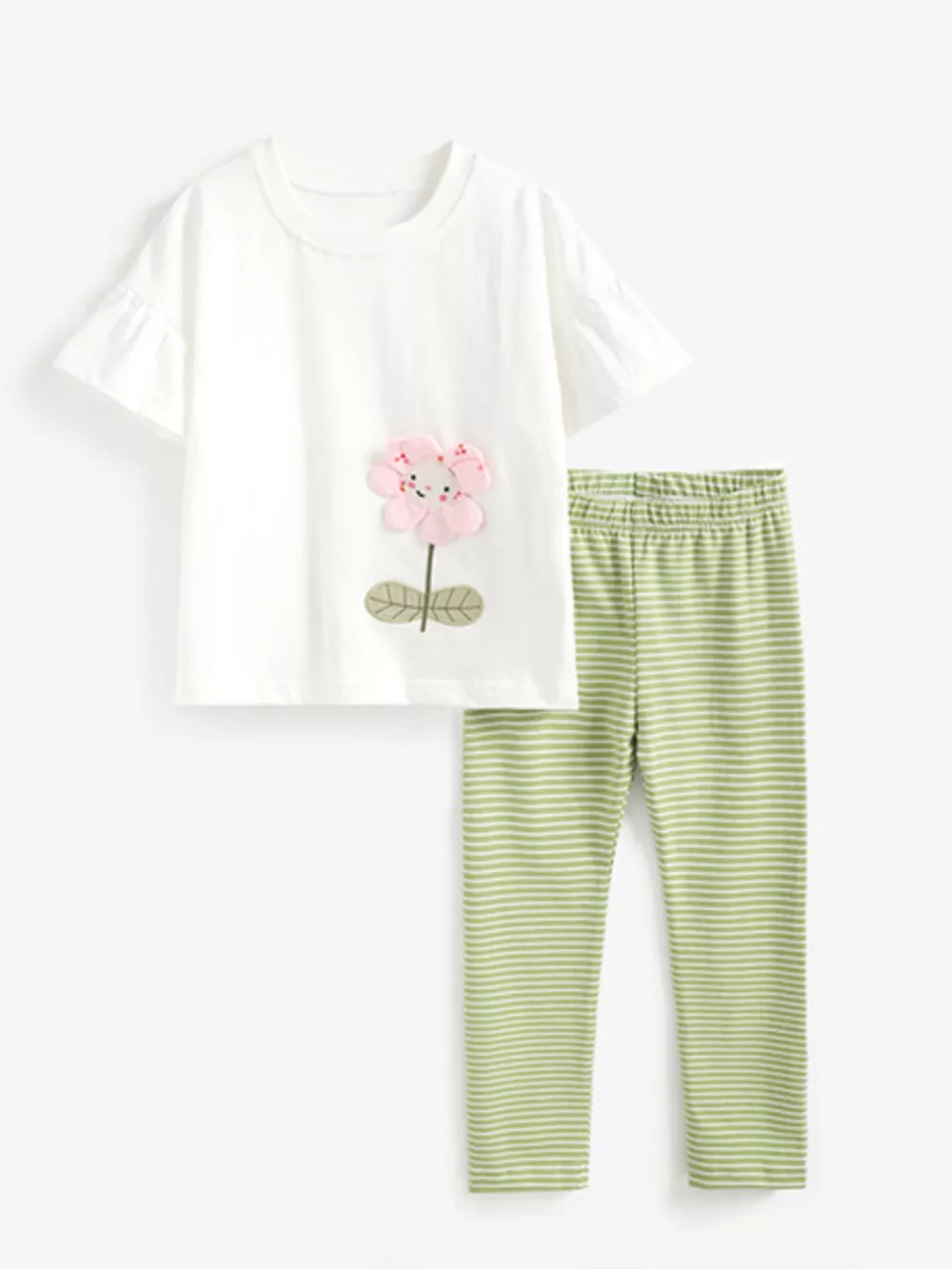 Children's 3D Flower Applique Ruffle Sleeve Top & Striped Pants Set, image 2