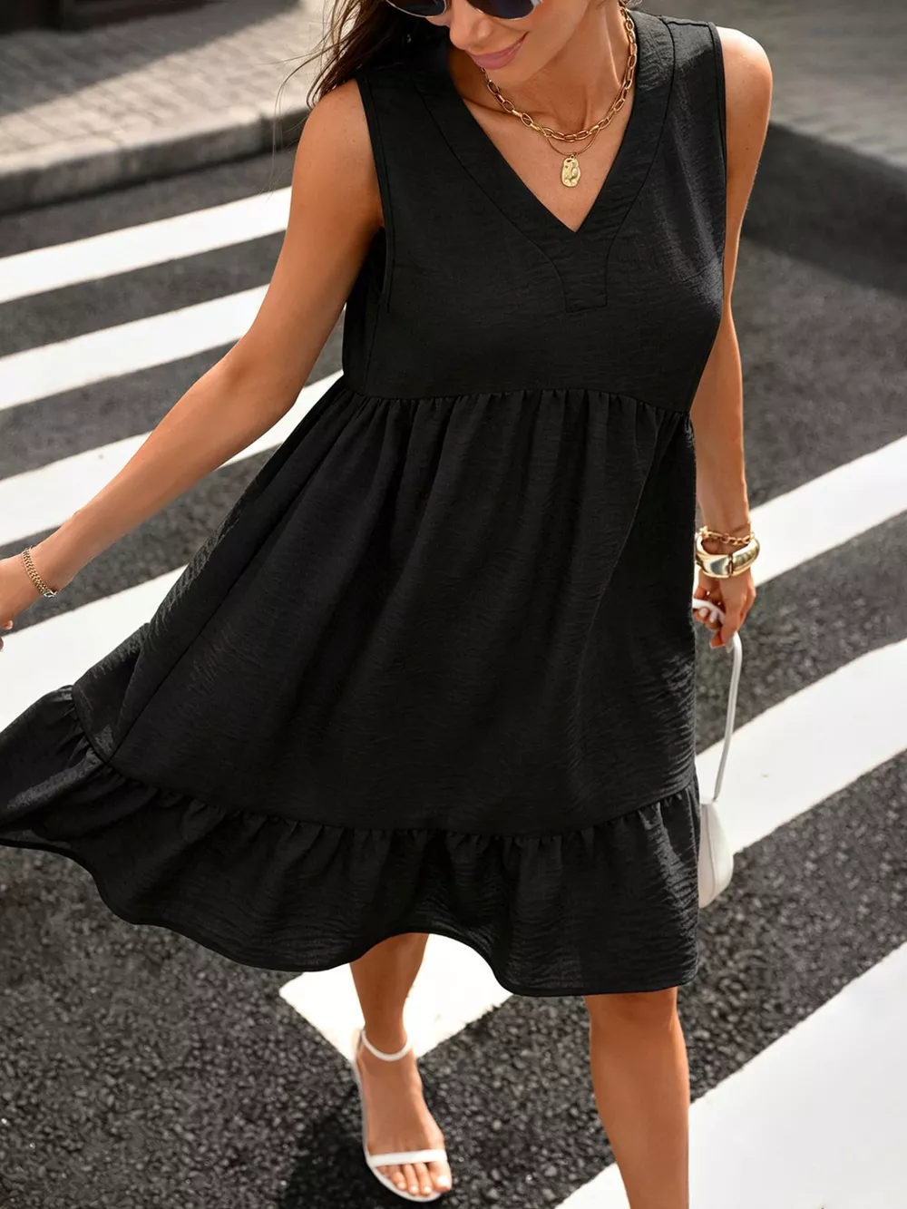 Sleeveless V-Neck Ruffle Hem Casual Dress, image 13