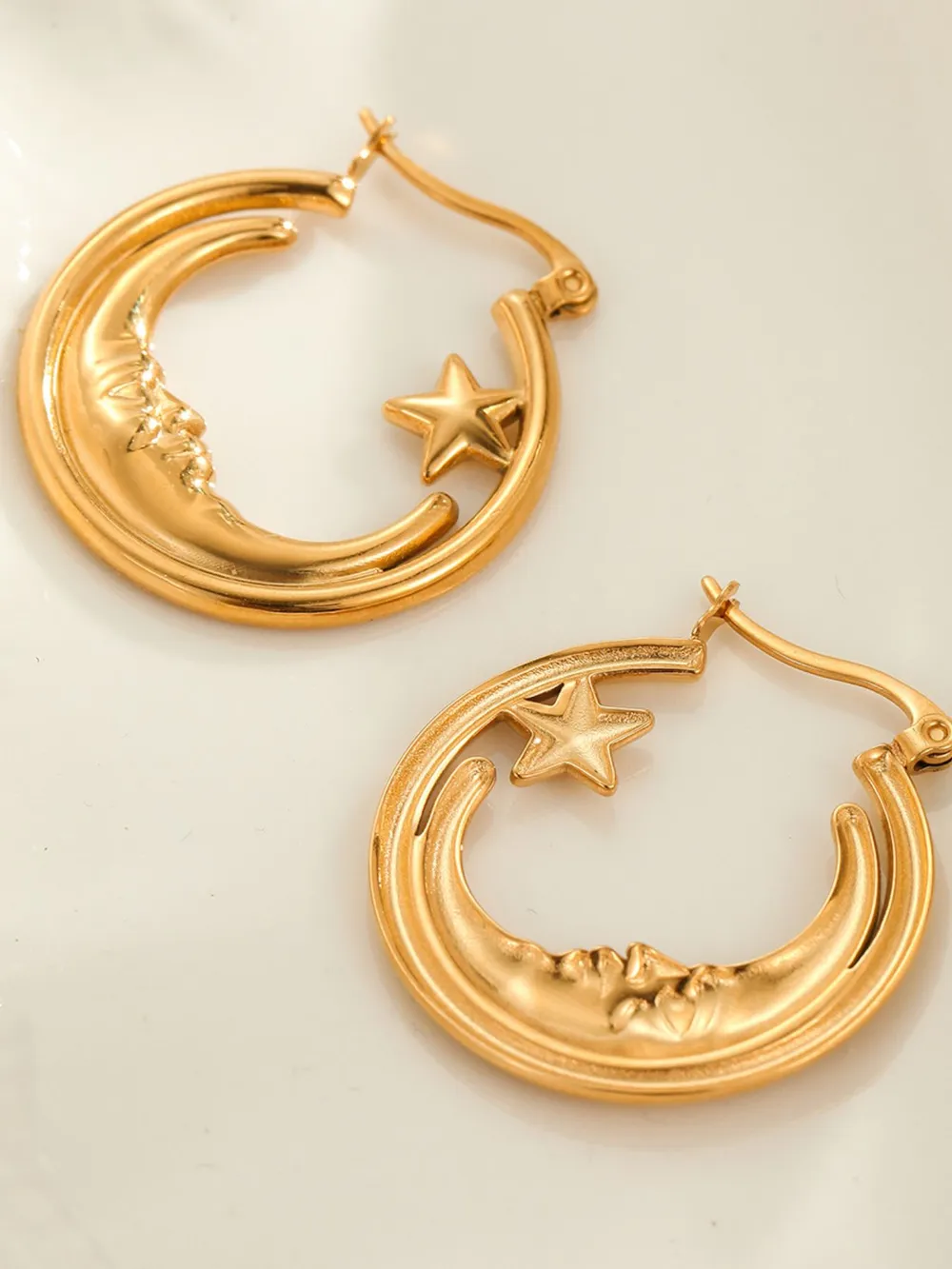 18K Gold-Plated Crescent Moon Star Hoop Earrings, image 5