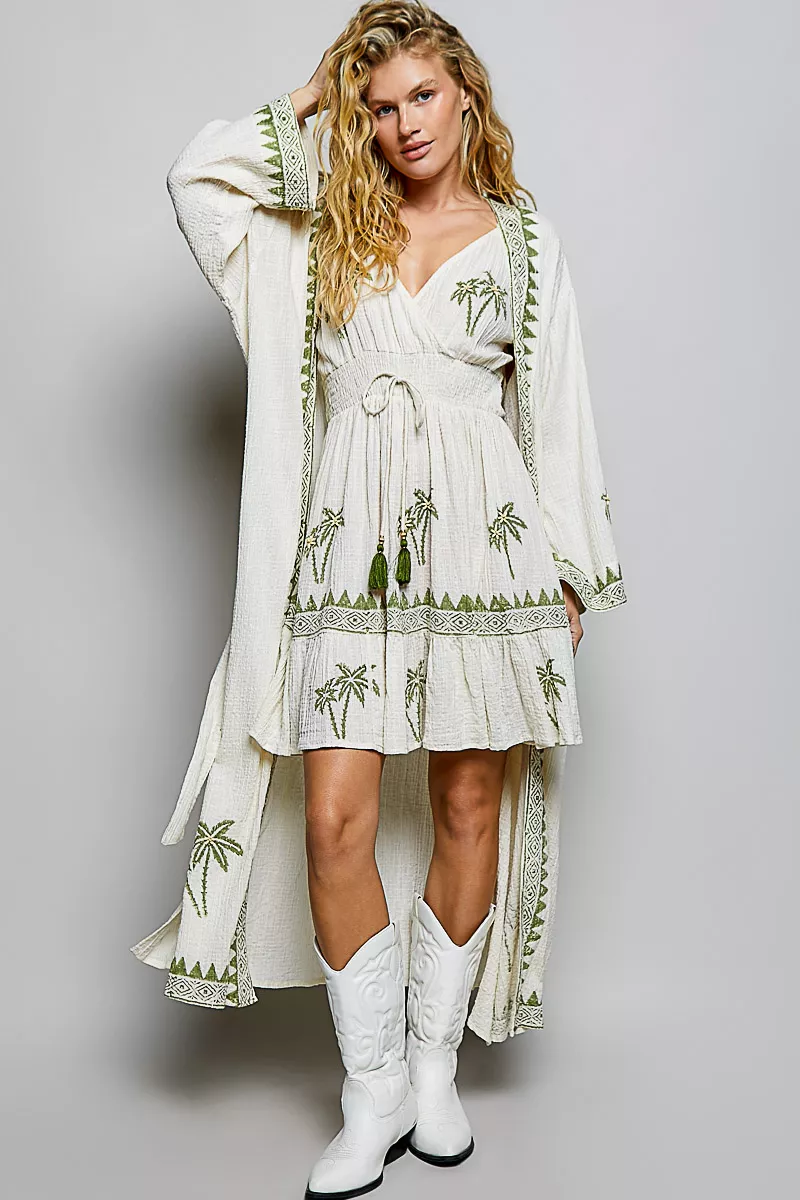 POL Palm Tree Print Wrap Bodice Smocked Waist Ruffle Hem Dress, image 6