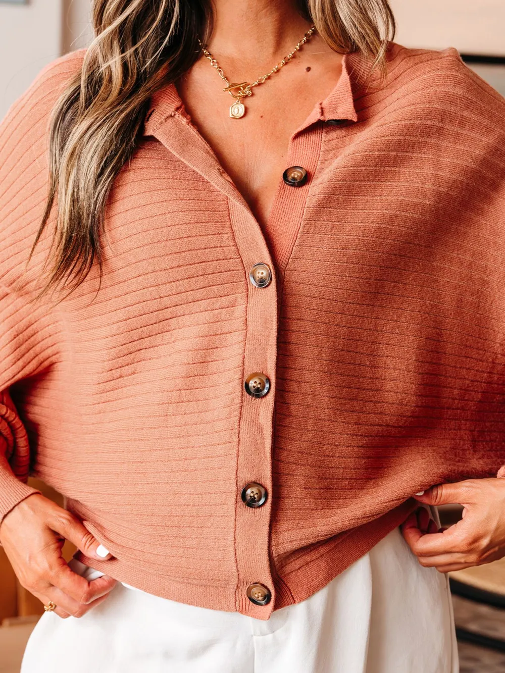 Rib Knit Button Front Dolman Sleeve Sweater Cardigan, image 5