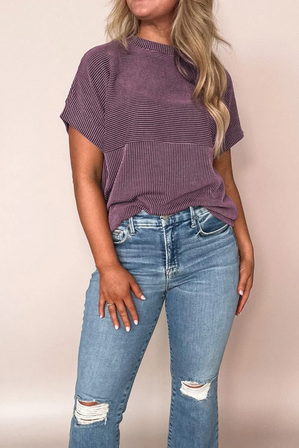 Corded Knit Mock Neck Short Sleeve T Shirt, image 5