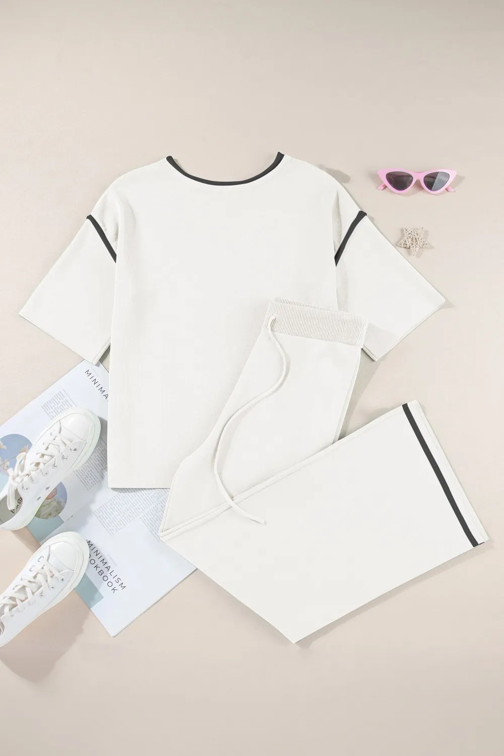 Contrast Trim Round Neck Top and Pants Set, image 13