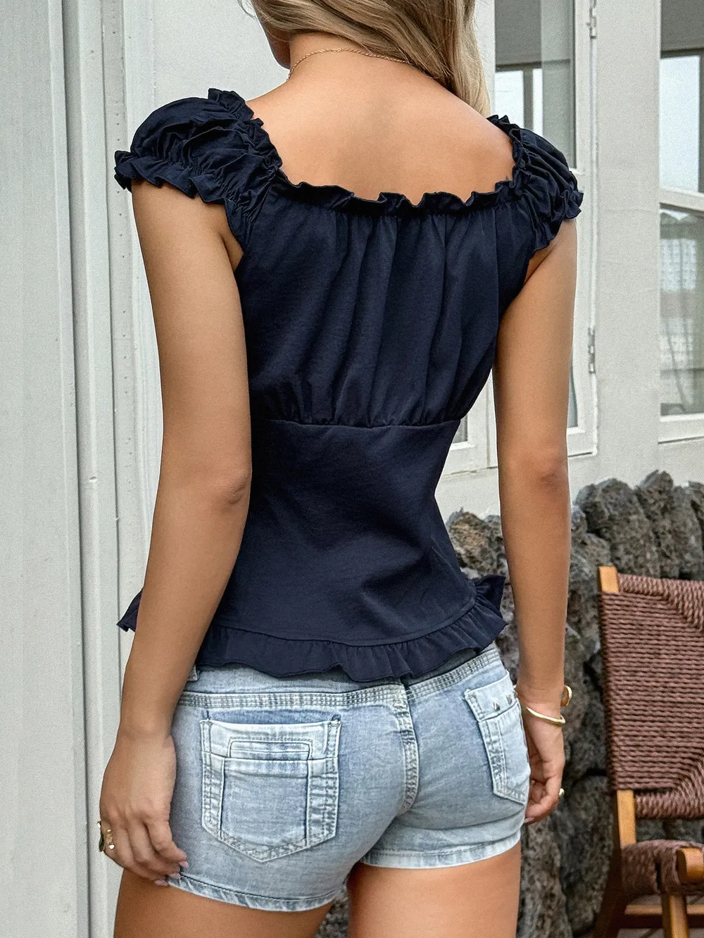 Ruffle Trim Button-Up Cap Sleeve Shirt, image 4