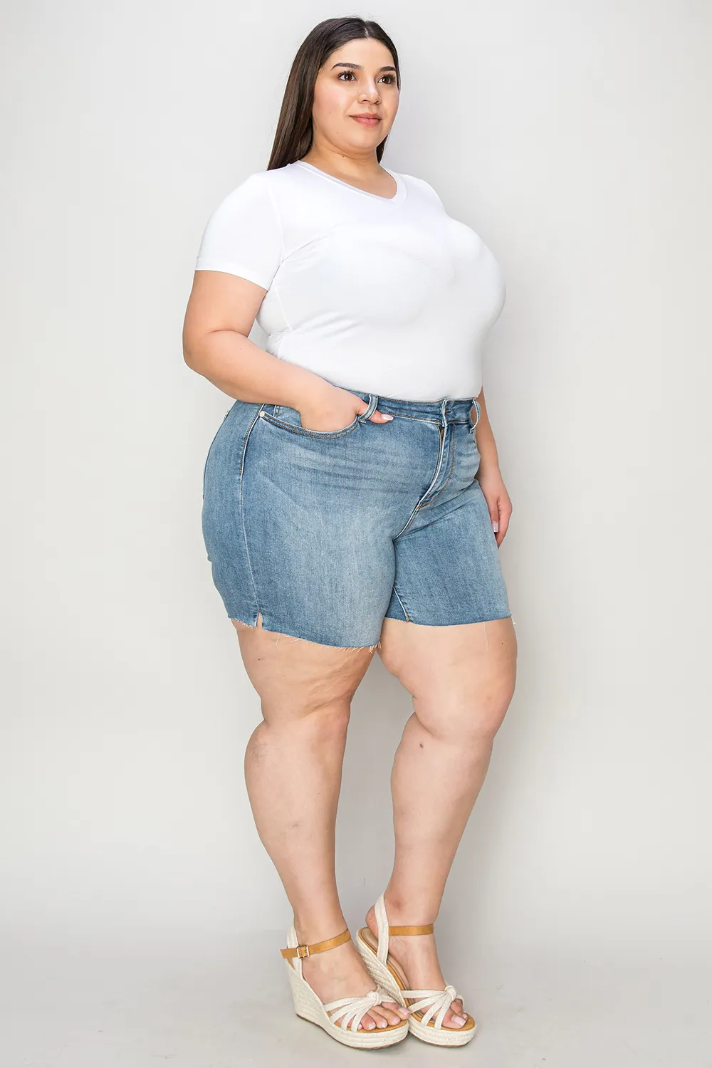 Full Size High Waist Raw Hem Denim Shorts, image 13