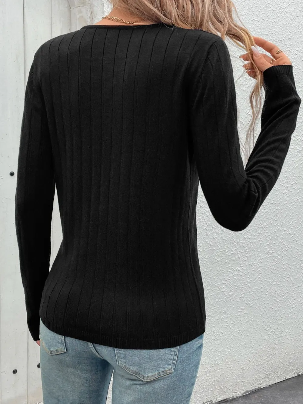 V-Neck Long Sleeve Knit Top, image 2