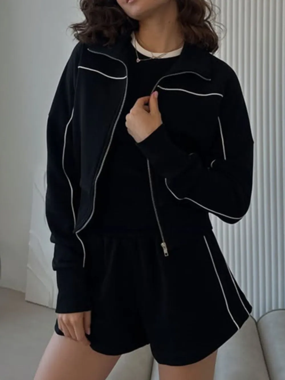 Zip Up Long Sleeve Top and Shorts Set