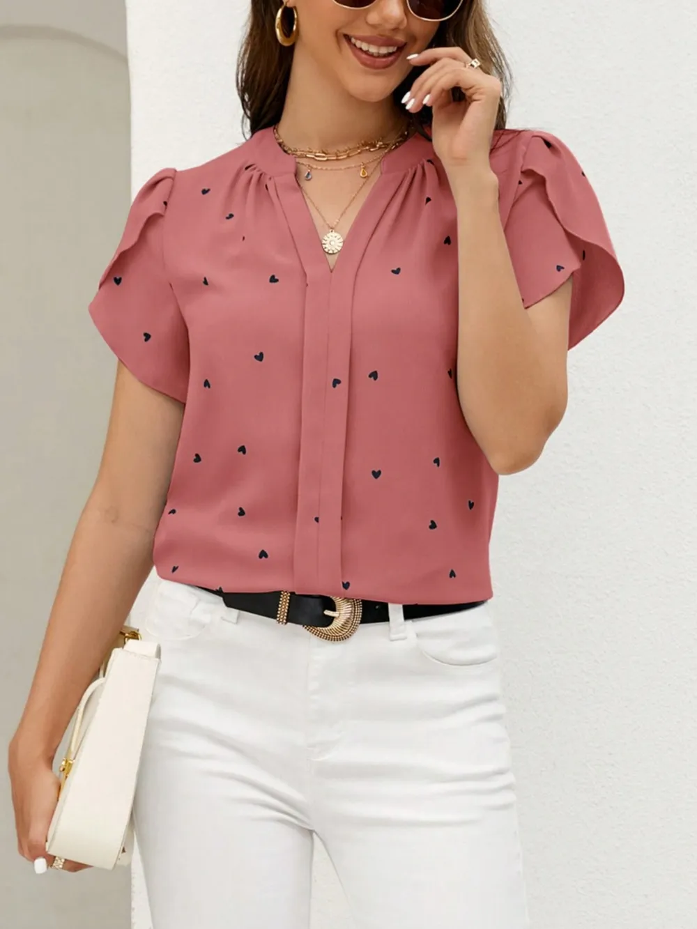 Heart Print Notched Petal Sleeve Blouse, image 14