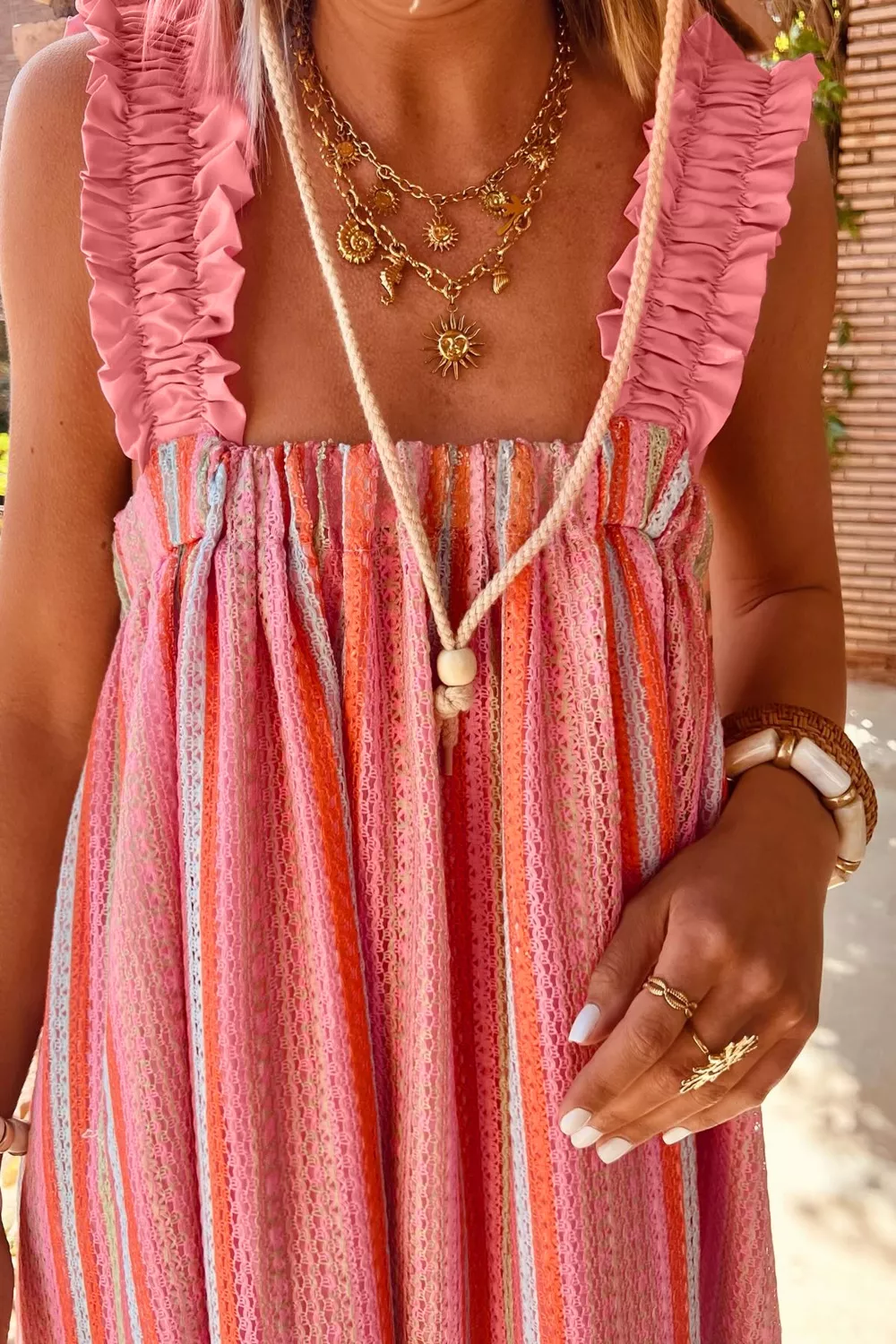 Stripe Ruffled Straps Ribbon Knot Flowy Vacation Maxi Dress, image 3