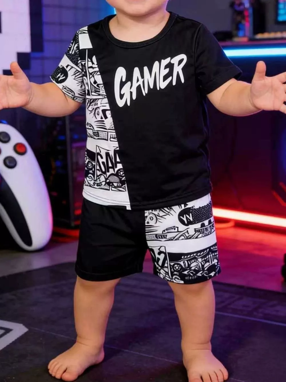 Children's Gamer Print Round Neck Tee and Shorts Set