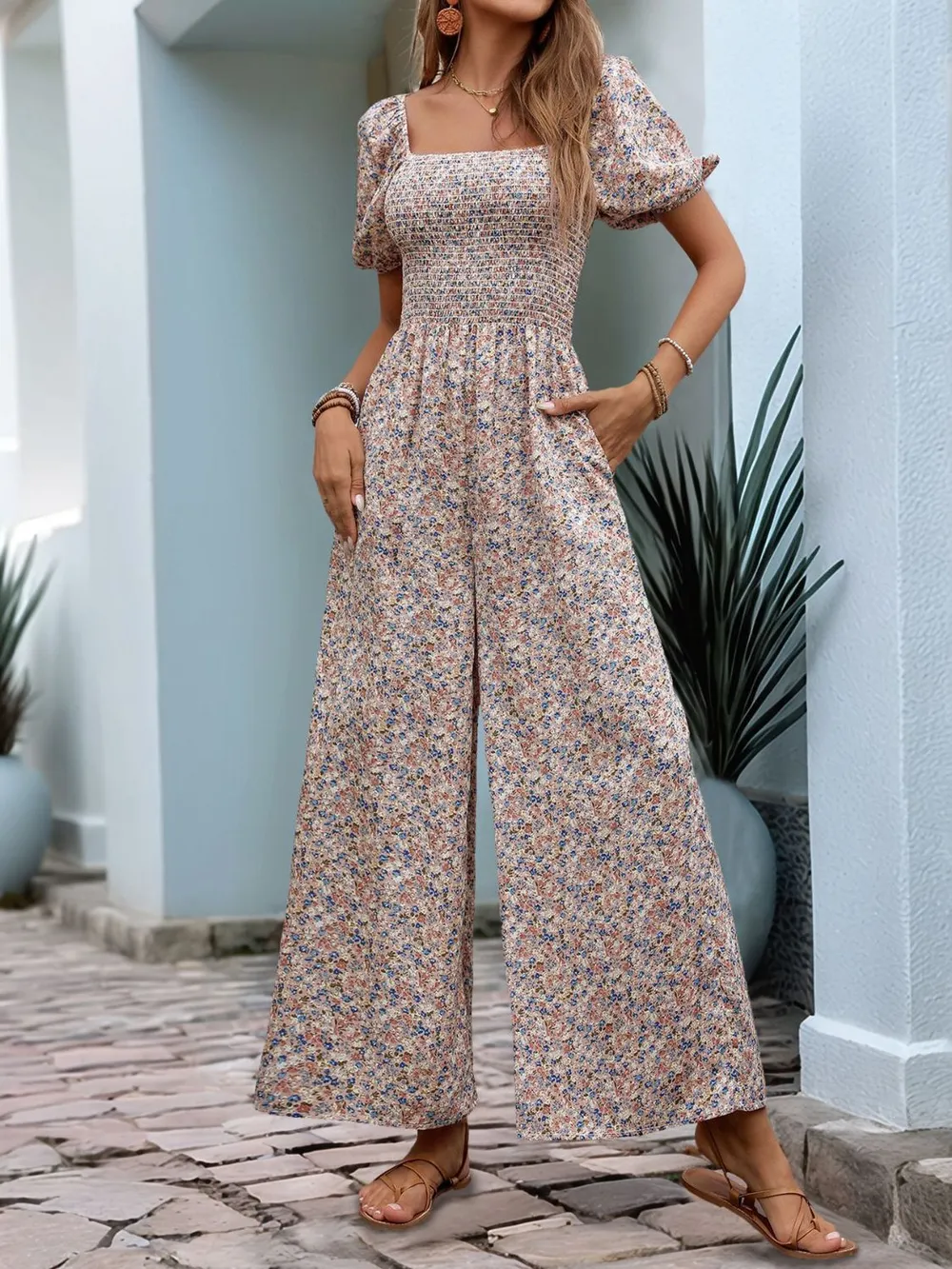 Ditsy Floral Smocked Square Neck Puff Sleeve Jumpsuit