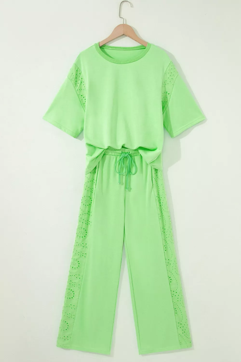 Lace Patchwork Half Sleeve Top Elastic Waist Pants Two Piece Set, image 3
