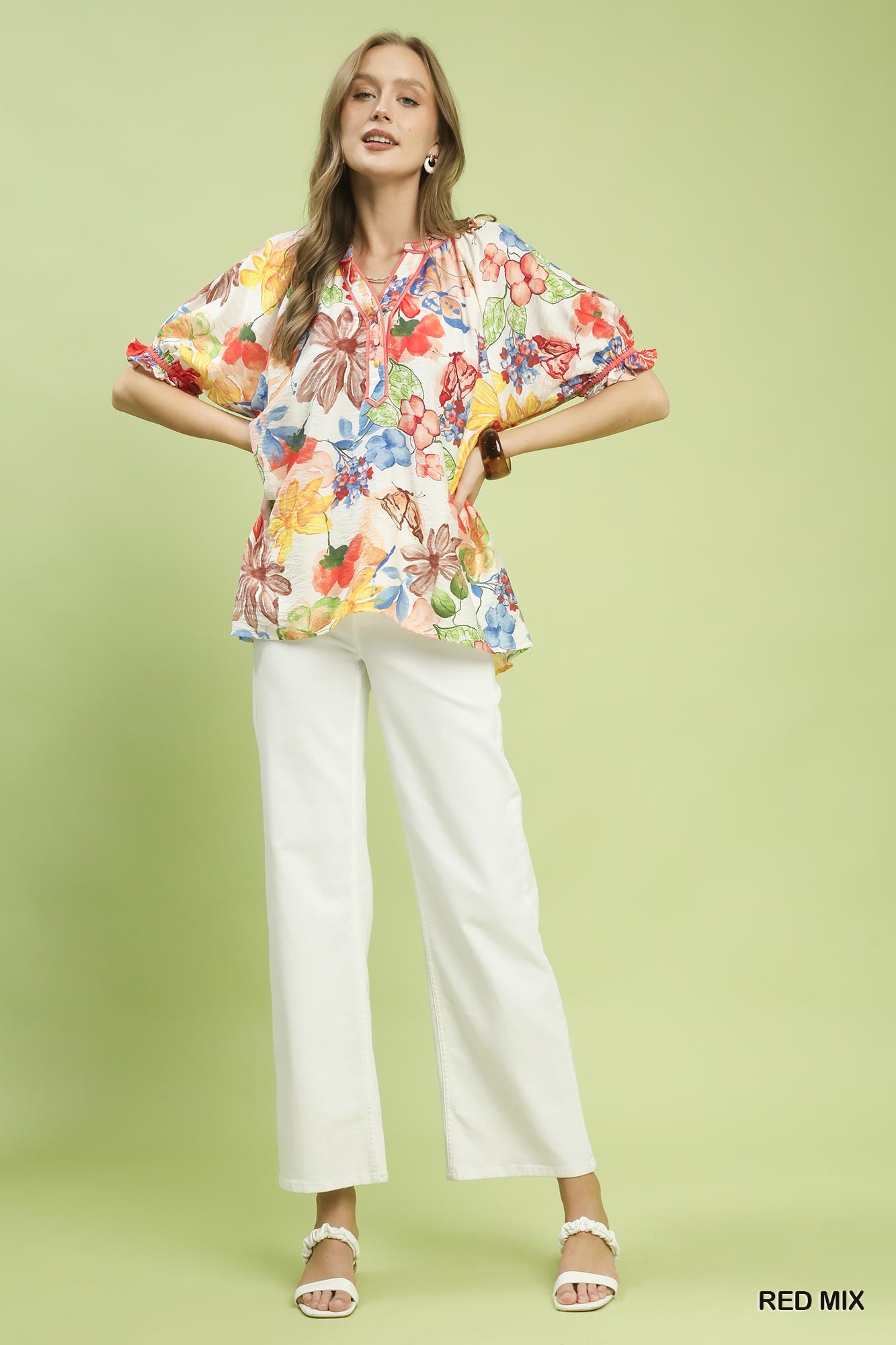 Watercolor Floral Print Top with High-Low Hem, image 4