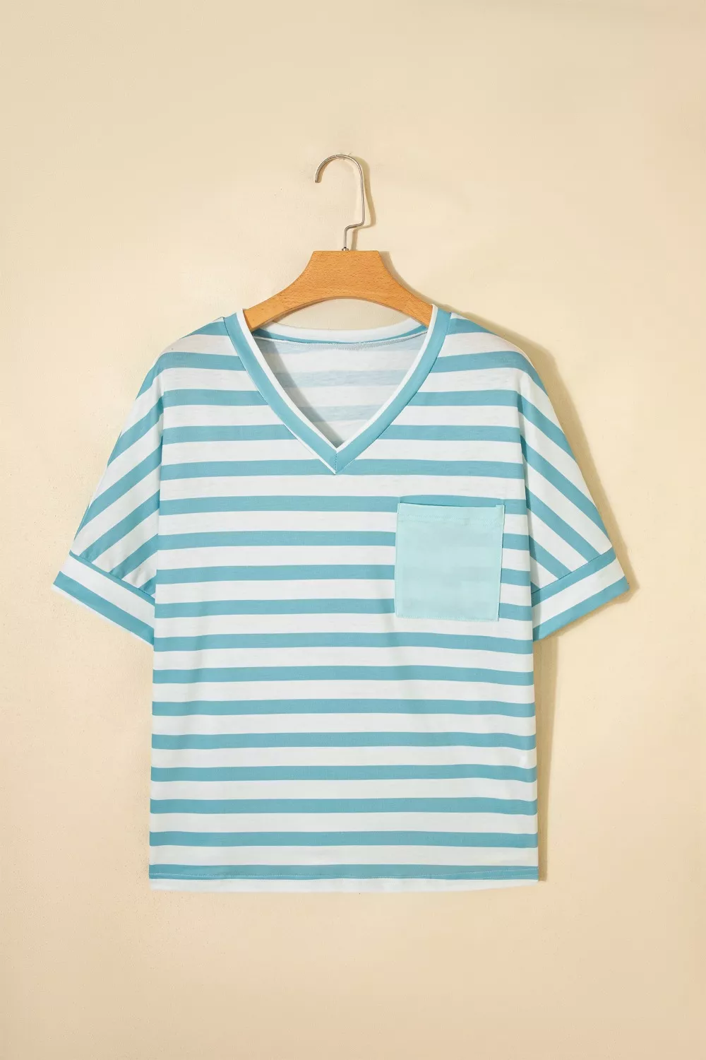 Stripe V Neck Patched Pocket Casual T Shirt, image 8
