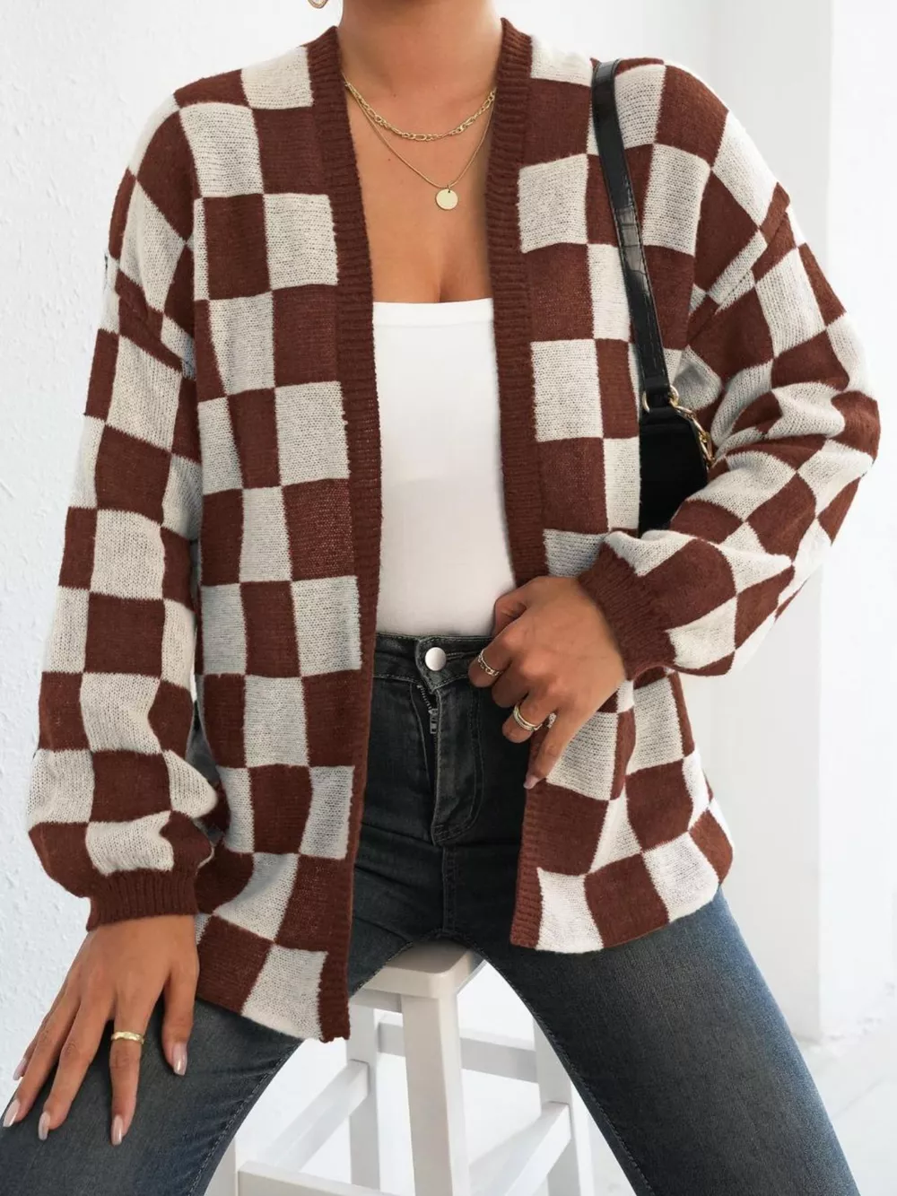 Checkerboard Pattern Open Front Knit Cardigan, image 8