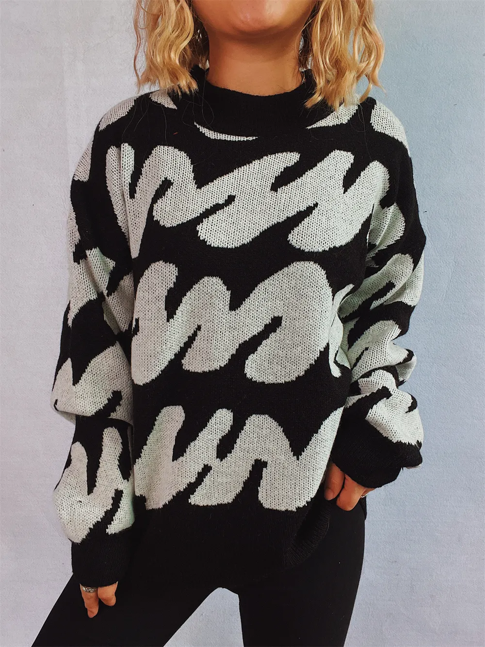 Contrast Round Neck Long Sleeve Sweater, image 2