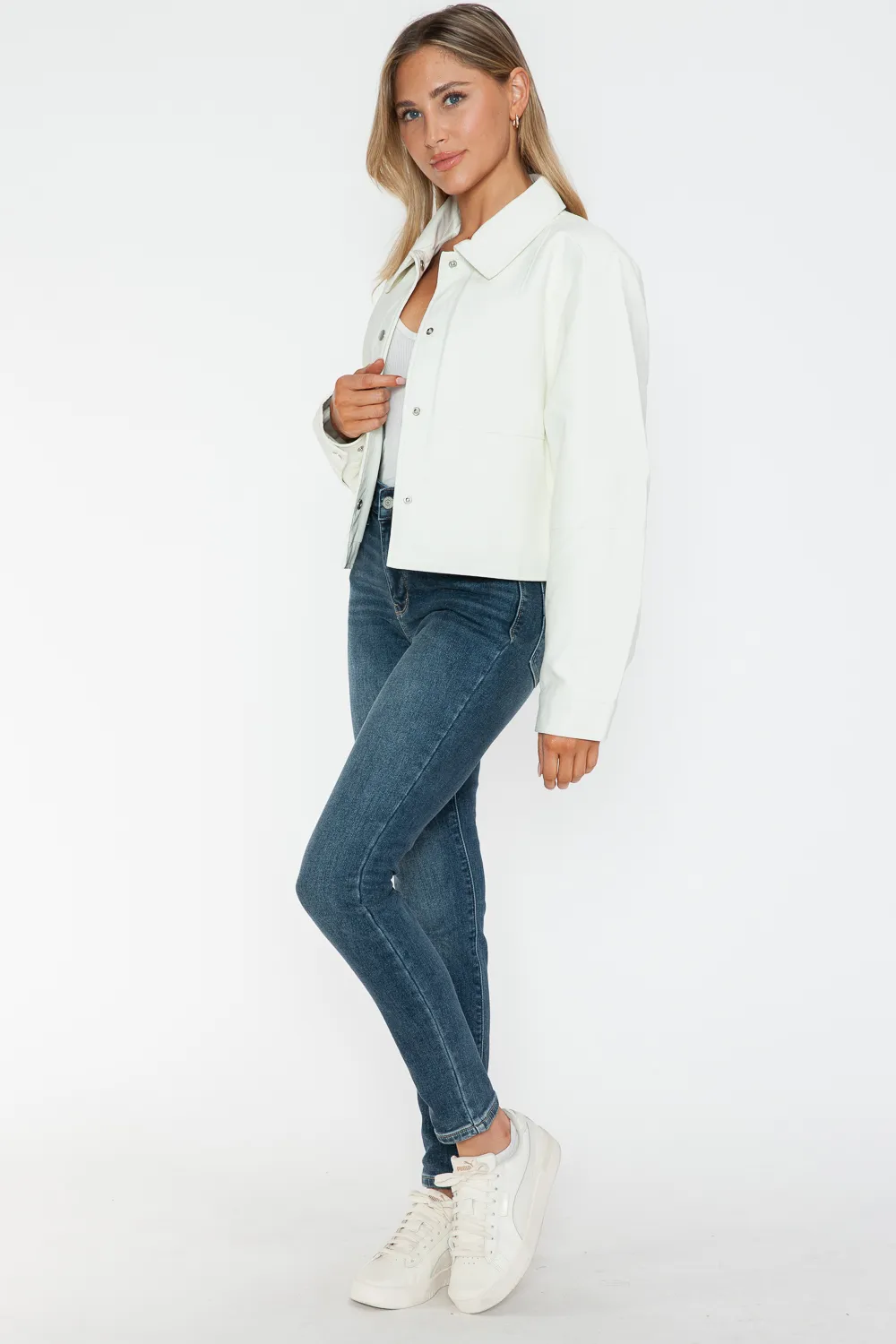 Snap Down Long Sleeve PU Leather Jacket, image 6