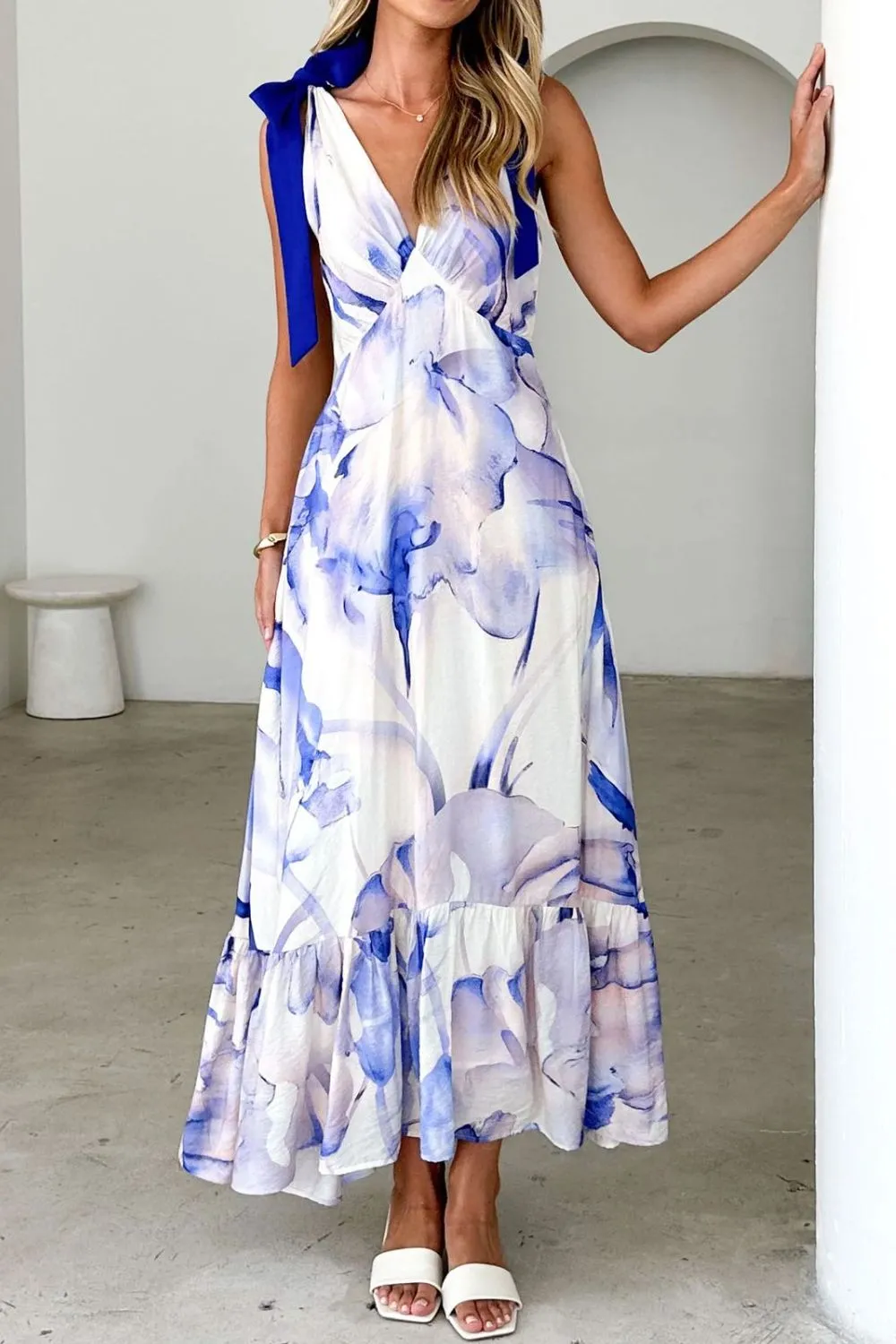 Printed V-Neck Tie Shoulder Midi Cami Dress, image 14