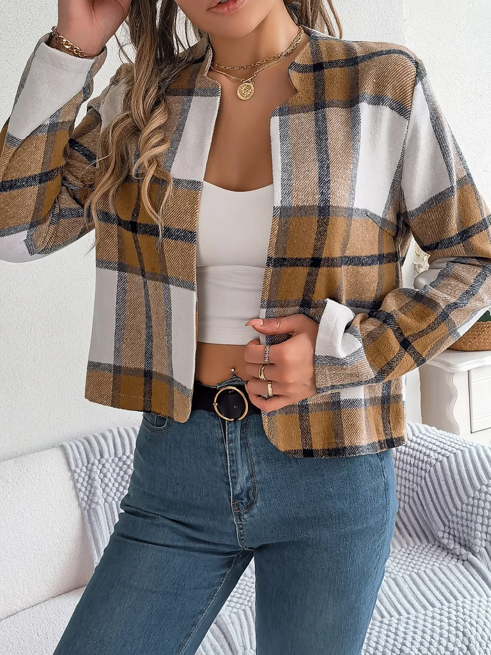 Plaid Open Front Long Sleeve Jacket, image 12