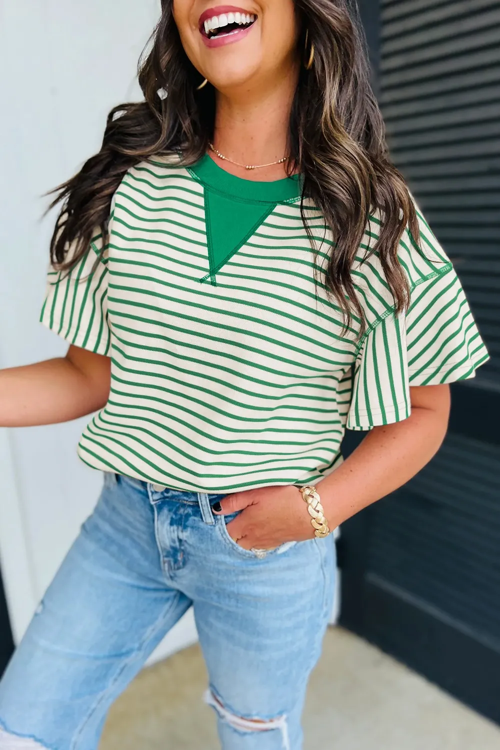 Striped Flounce Sleeve Casual Blouse, image 7