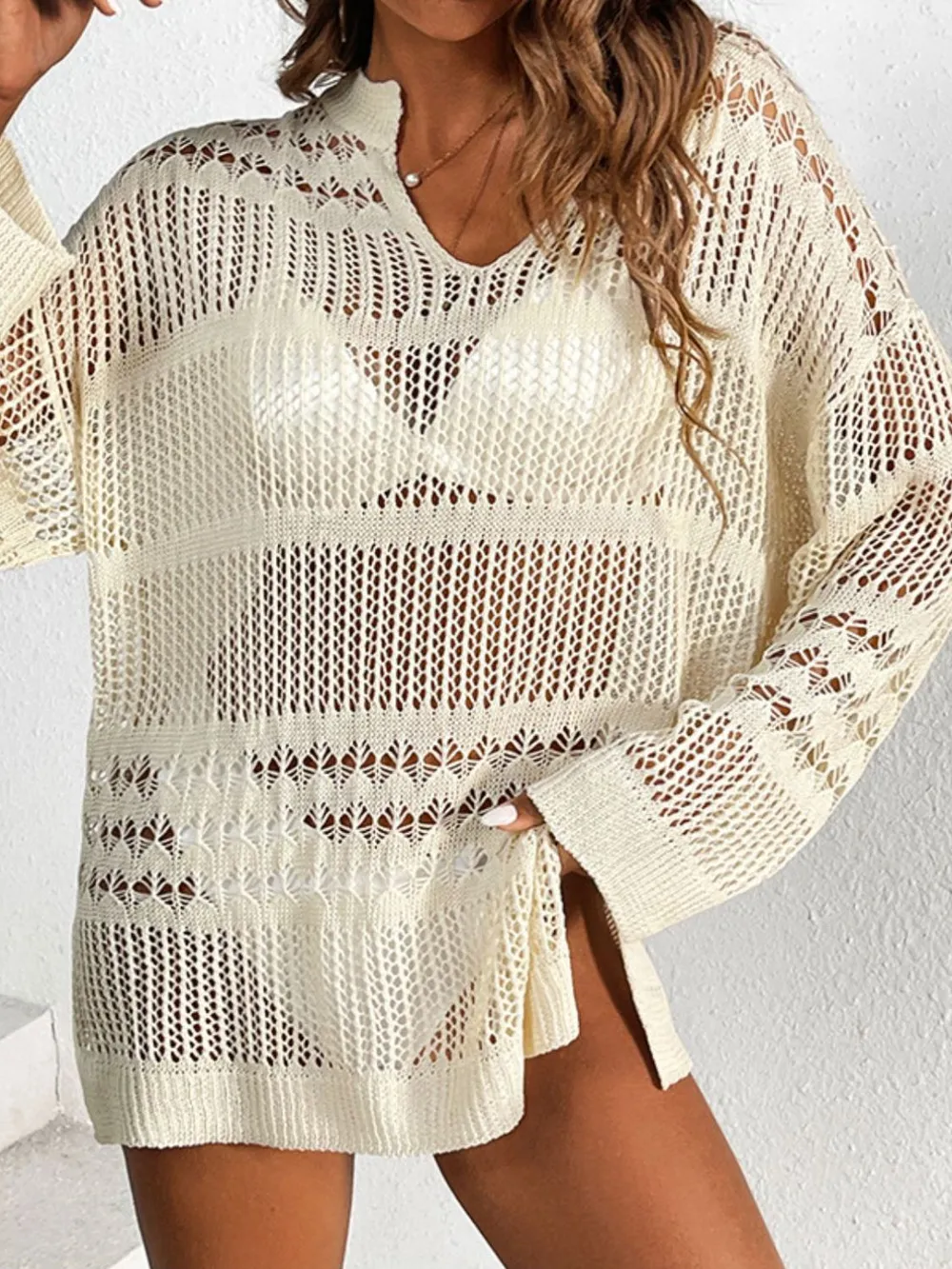 Openwork Notched Long Sleeve Knit Cover Up, image 4