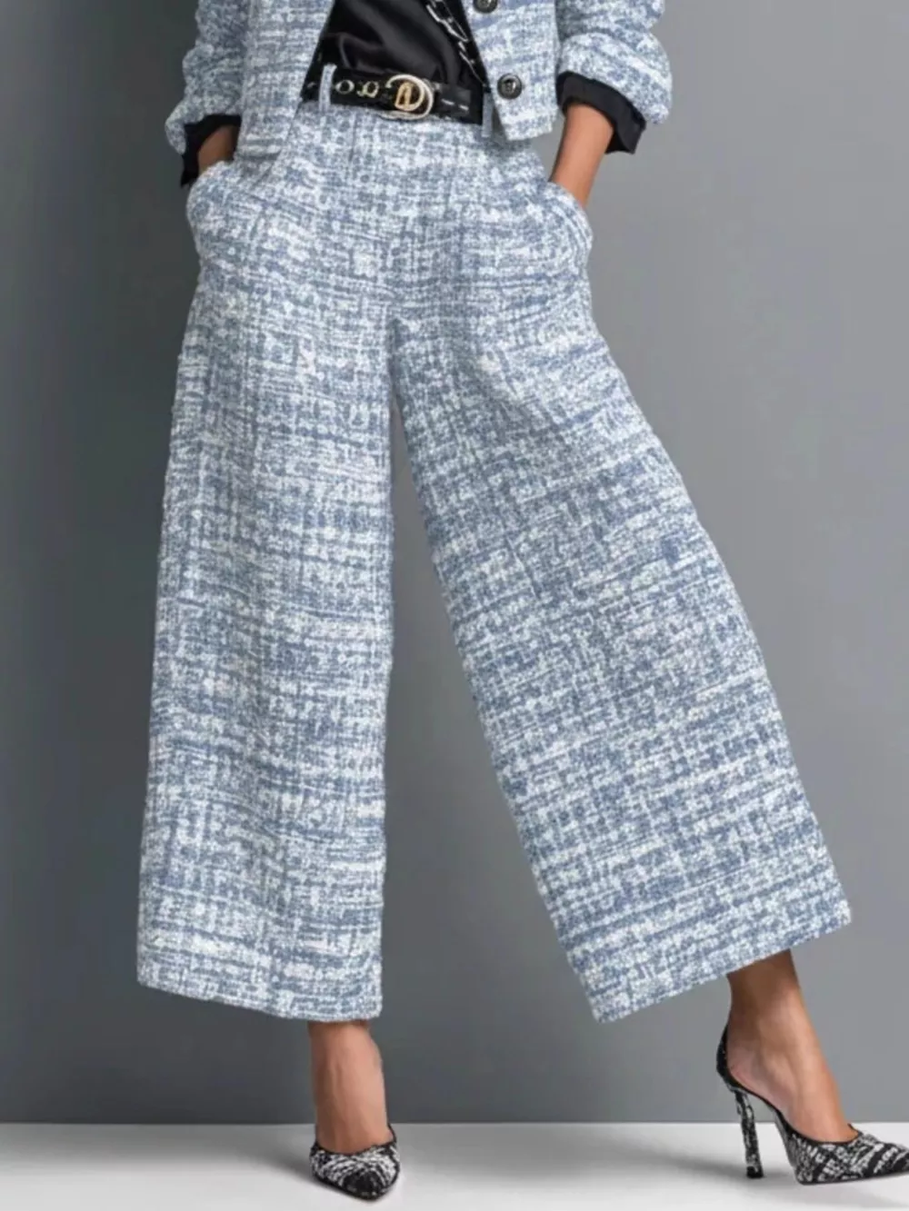 Tweed Cropped Jacket and Wide-Leg Pants Set, image 6