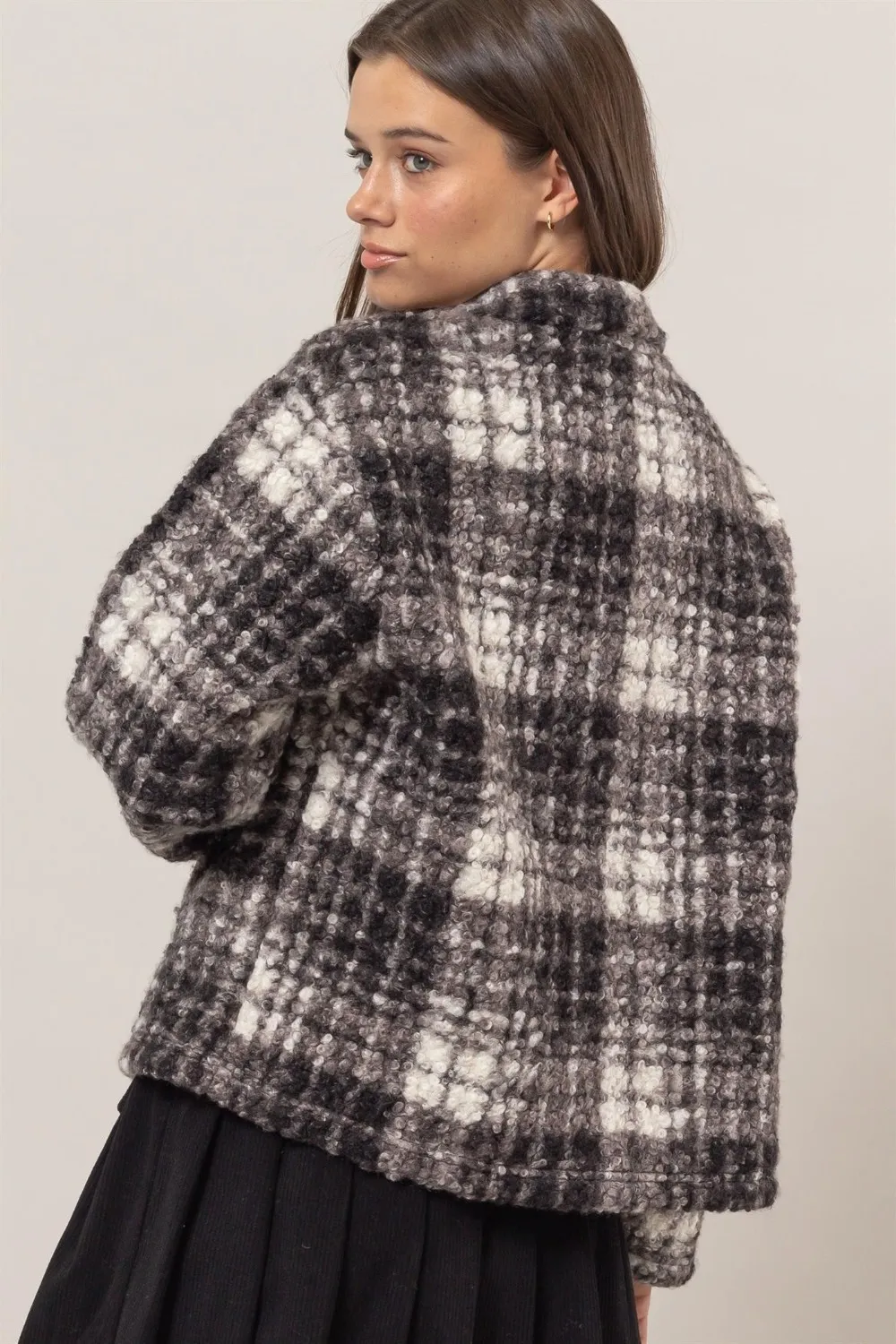 Plaid Collared Neck Boucle Jacket with Pockets, image 3