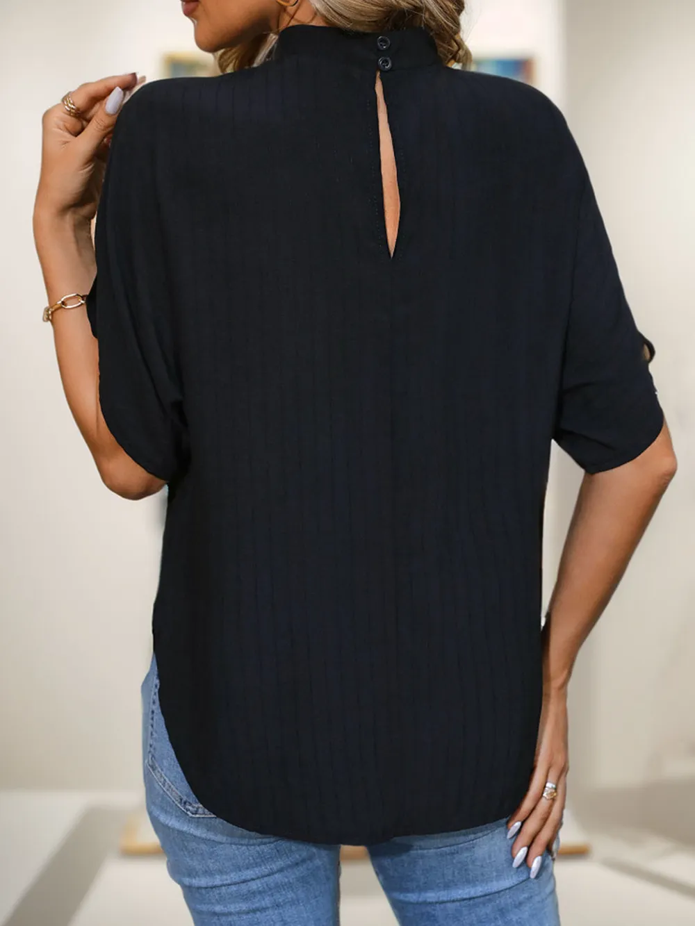 Ruched Mock Neck Half Sleeve Blouse, image 3