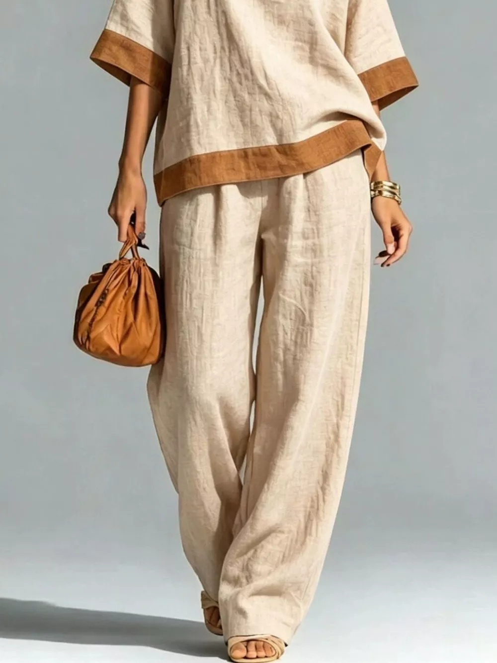 Full Size Contrast Trim Top and Wide Leg Pants Set Plus Size, image 3
