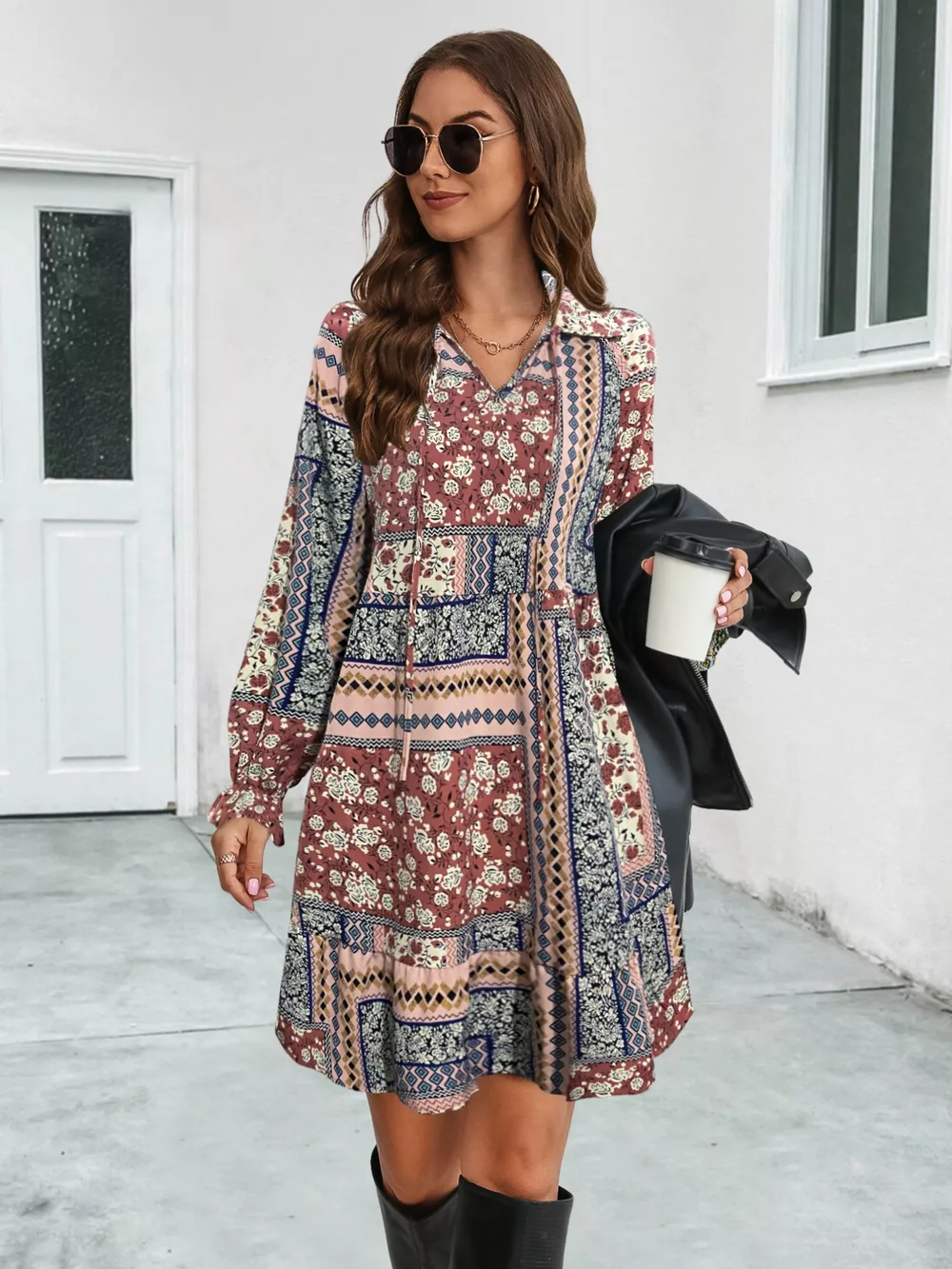 Boho Floral Print Long Sleeve Mini Dress, image 5