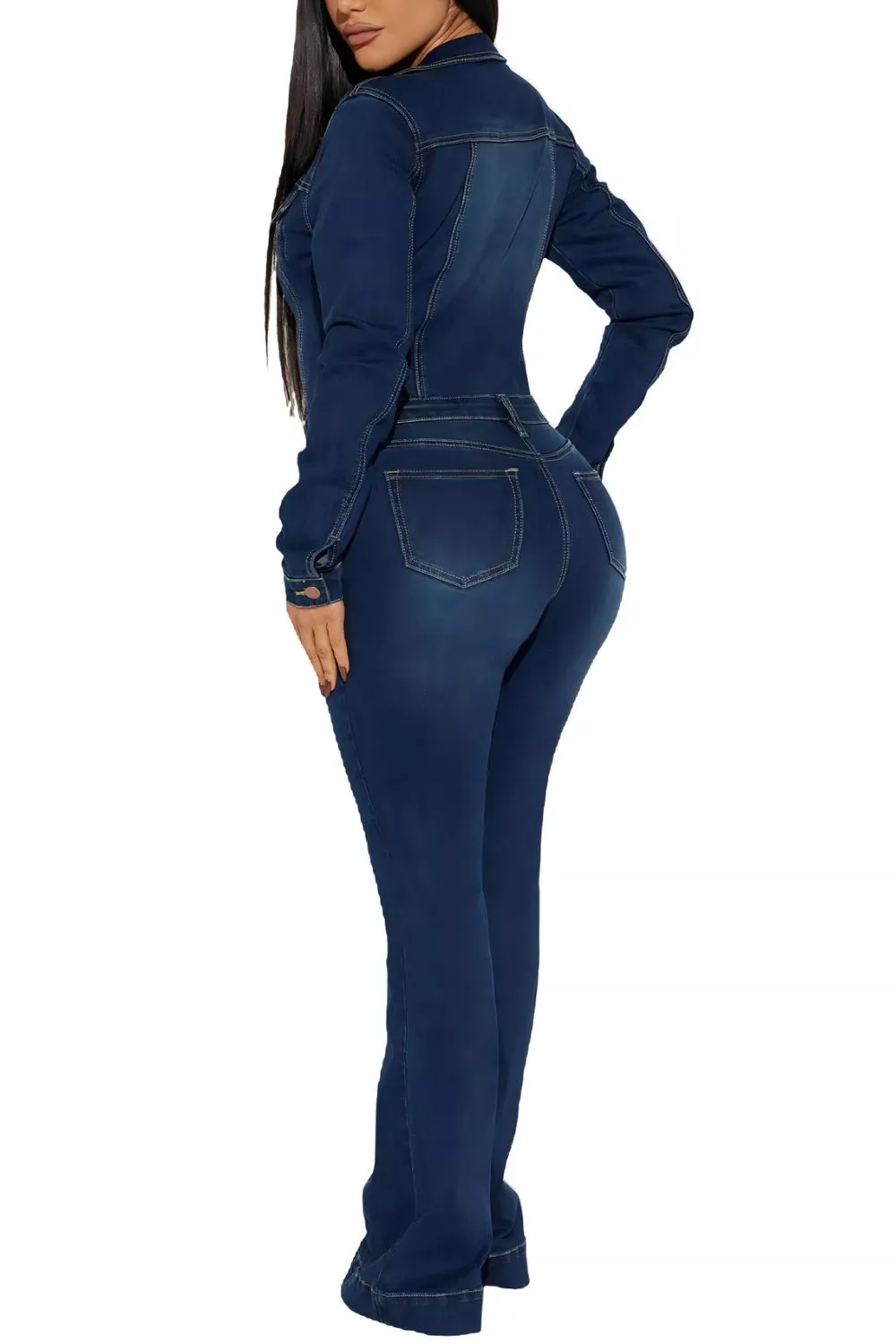 Slim-Fit Long Sleeve Denim Jumpsuit with Flared Legs, image 2
