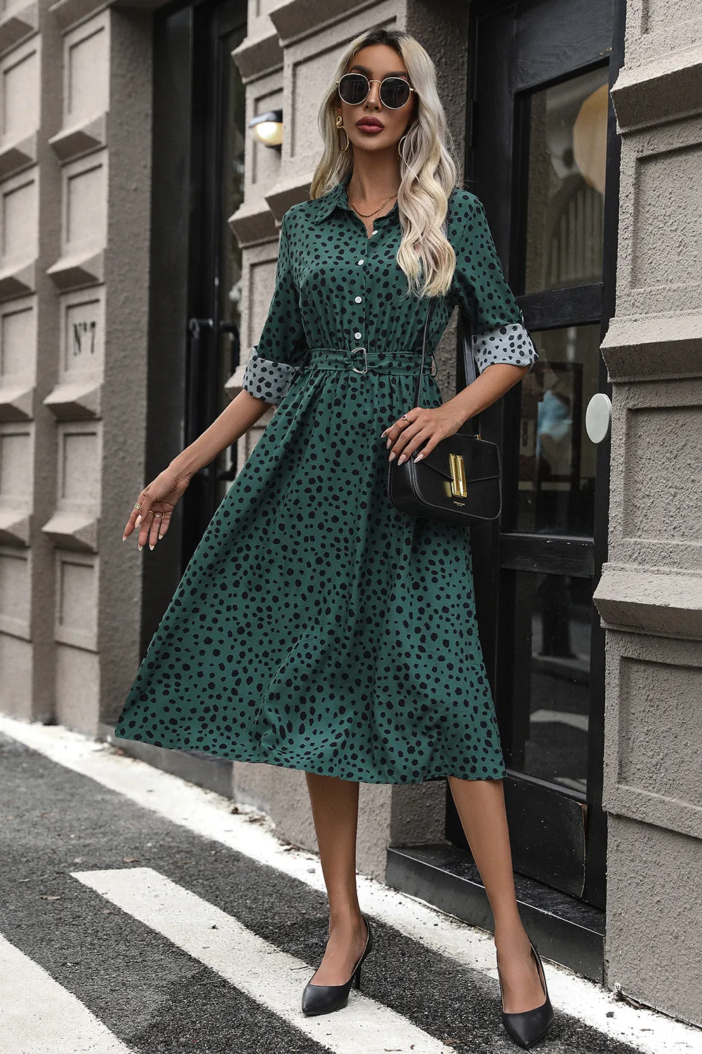Printed Belted Long Sleeve Midi Dress, image 5
